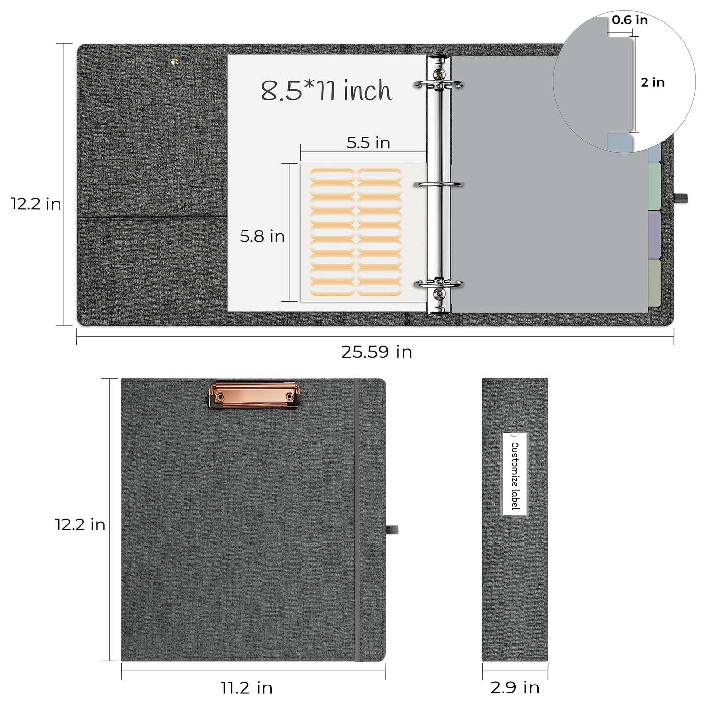 EYROZILL 3 Ring Binder 2 Inch, Binder for Letter Size (11" x 8.5") with 5 Tab Dividers, File Folder Labels and Low Profile Clipboards, Darkgrey