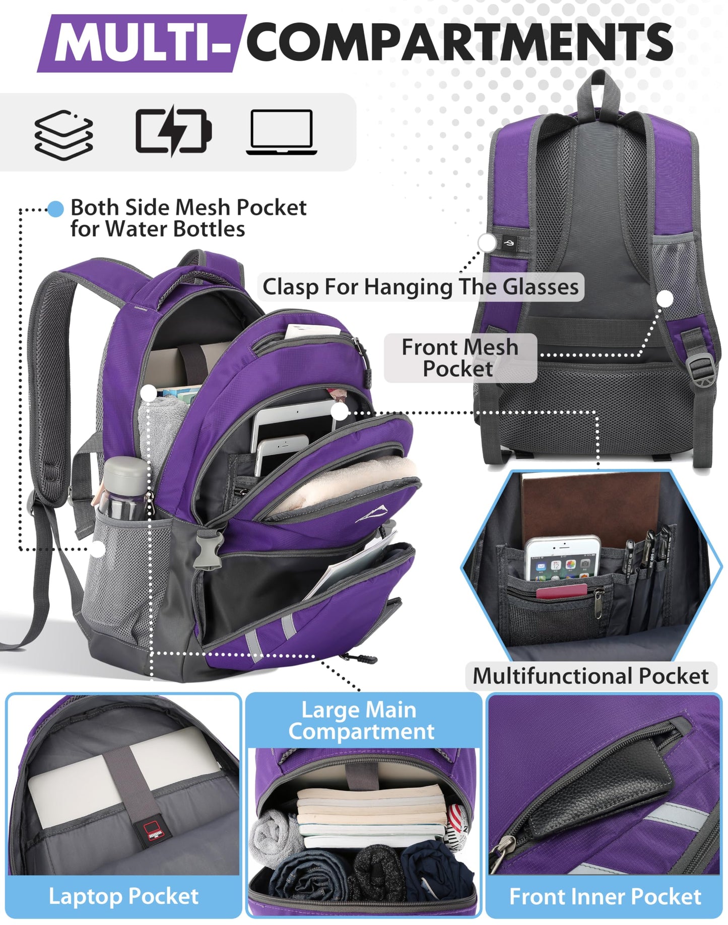 ProEtrade Backpack Bookbag for College Laptop Travel, Fit Laptop Up to 15.6 inch with USB Charging Port Multi Compartment Anti theft, Gift for Women Men (Purple)