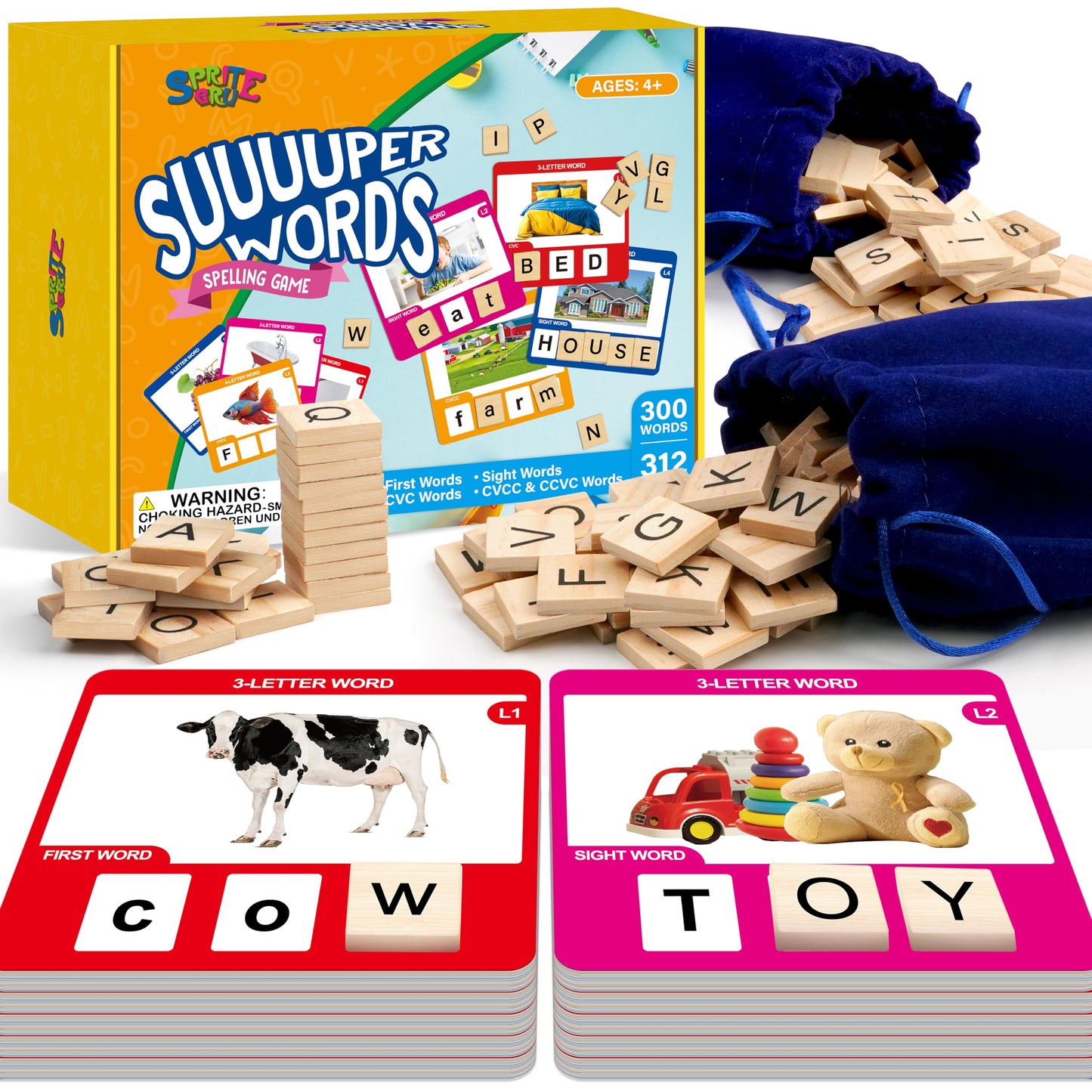 Word Spelling Game, 312 Wooden Letters Tiles & 300 Common Words for - CVC, CVCC, CCVC, Sight Word & First Word Learning, Montessori Early Educational Tool for Kids 4-9, Autistic Toys for Grades 1-3