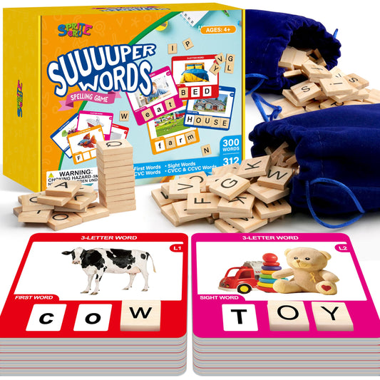 Word Spelling Game, 312 Wooden Letters Tiles & 300 Common Words for - CVC, CVCC, CCVC, Sight Word & First Word Learning, Montessori Early Educational Tool for Kids 4-9, Autistic Toys for Grades 1-3