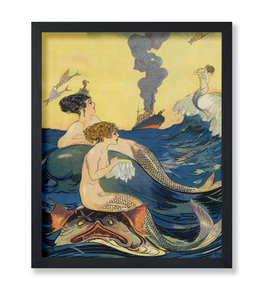 Monem Art Vintage Mermaids Poster - Retro Mythical Print - Fantasy Art - Beach Artwork - Gift for Men & Women - Chic Decor for Living Room, Bedroom, Ocean or Beach House - 8x10 UNFRAMED Wall Décor