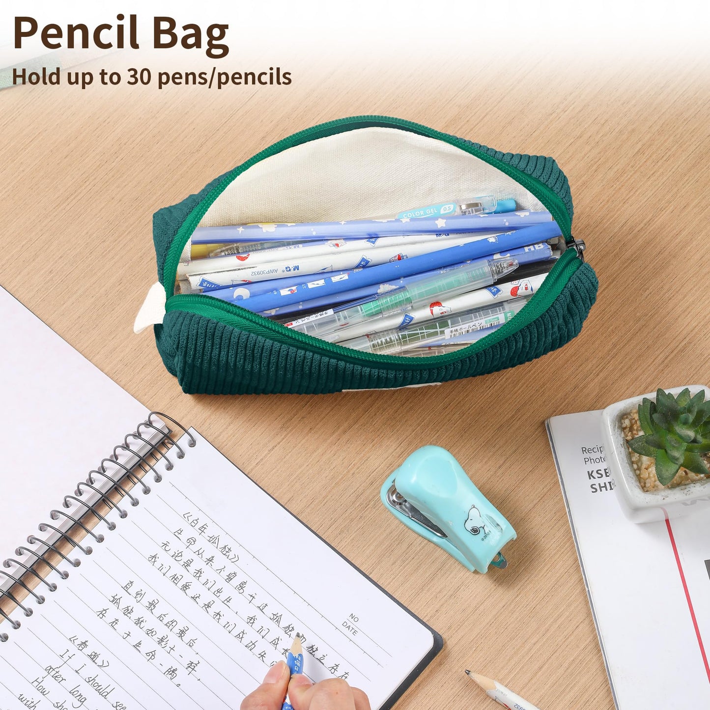 Purbert Pencil Bag Pen Case, Soft Corduroy Small Pencil Pouch Organizer with Zipper, Cute Pencil Case Pouch Stationery for Girls and Boys – Dark Green