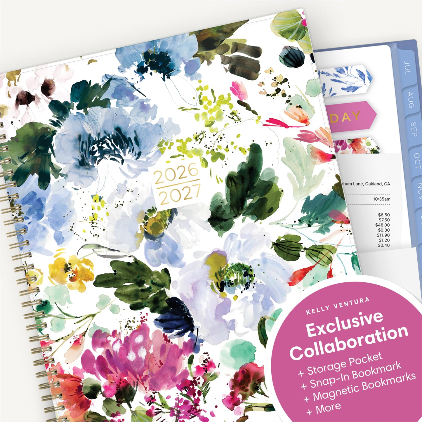 Blue Sky Kelly Ventura 2026-2027 Weekly and Monthly Academic Year Student Planning Calendar, July 2026 - June 2027, 8.5" x 11", Flexible Cover, Wirebound, Laminated Tabs, Storage Pocket, Magnetic & Snap In Book Marks, Includes Stickers, Blooming