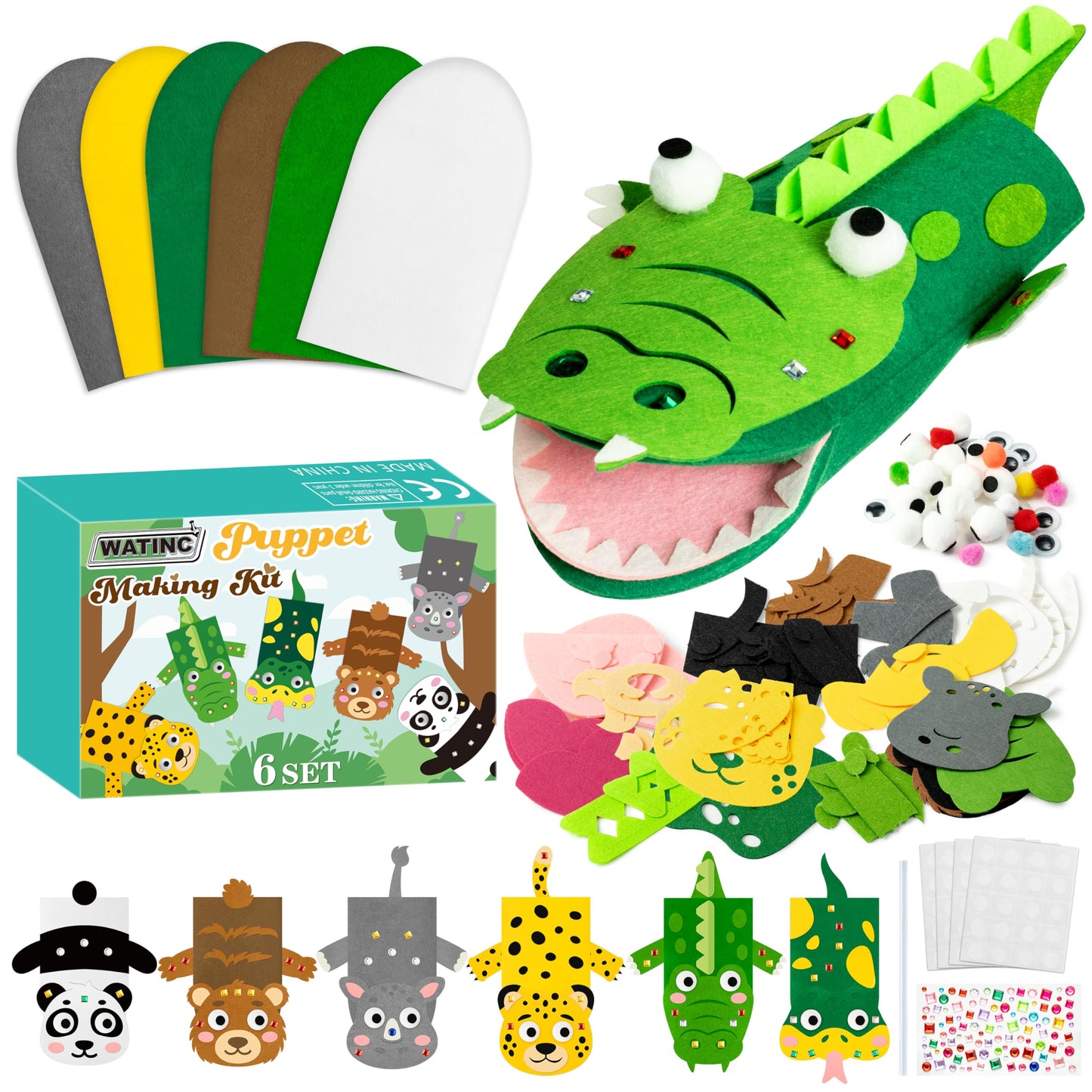 WATINC 6Pcs Hand Puppet Making Kit, Art Craft Felt Sock Puppet Toys, Creative DIY Make Your Own Pompoms Wiggle Googly Eyes Storytelling Role Play Party Supplies Gift for Girls Boys (Wild Animals B)