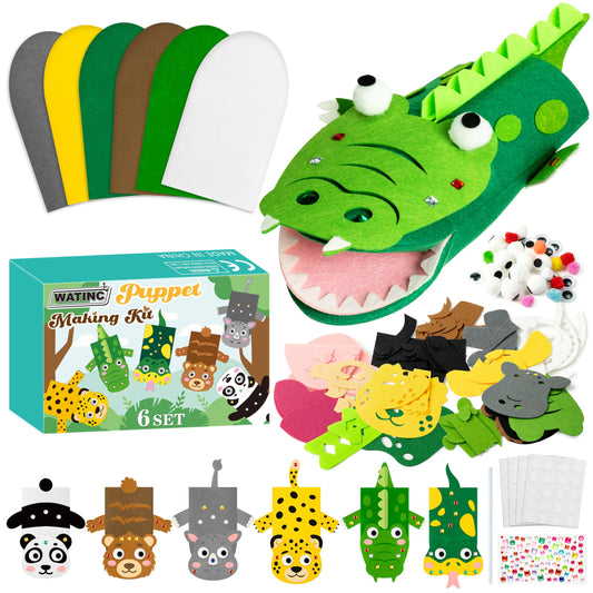 WATINC 6Pcs Hand Puppet Making Kit, Art Craft Felt Sock Puppet Toys, Creative DIY Make Your Own Pompoms Wiggle Googly Eyes Storytelling Role Play Party Supplies Gift for Girls Boys (Wild Animals B)