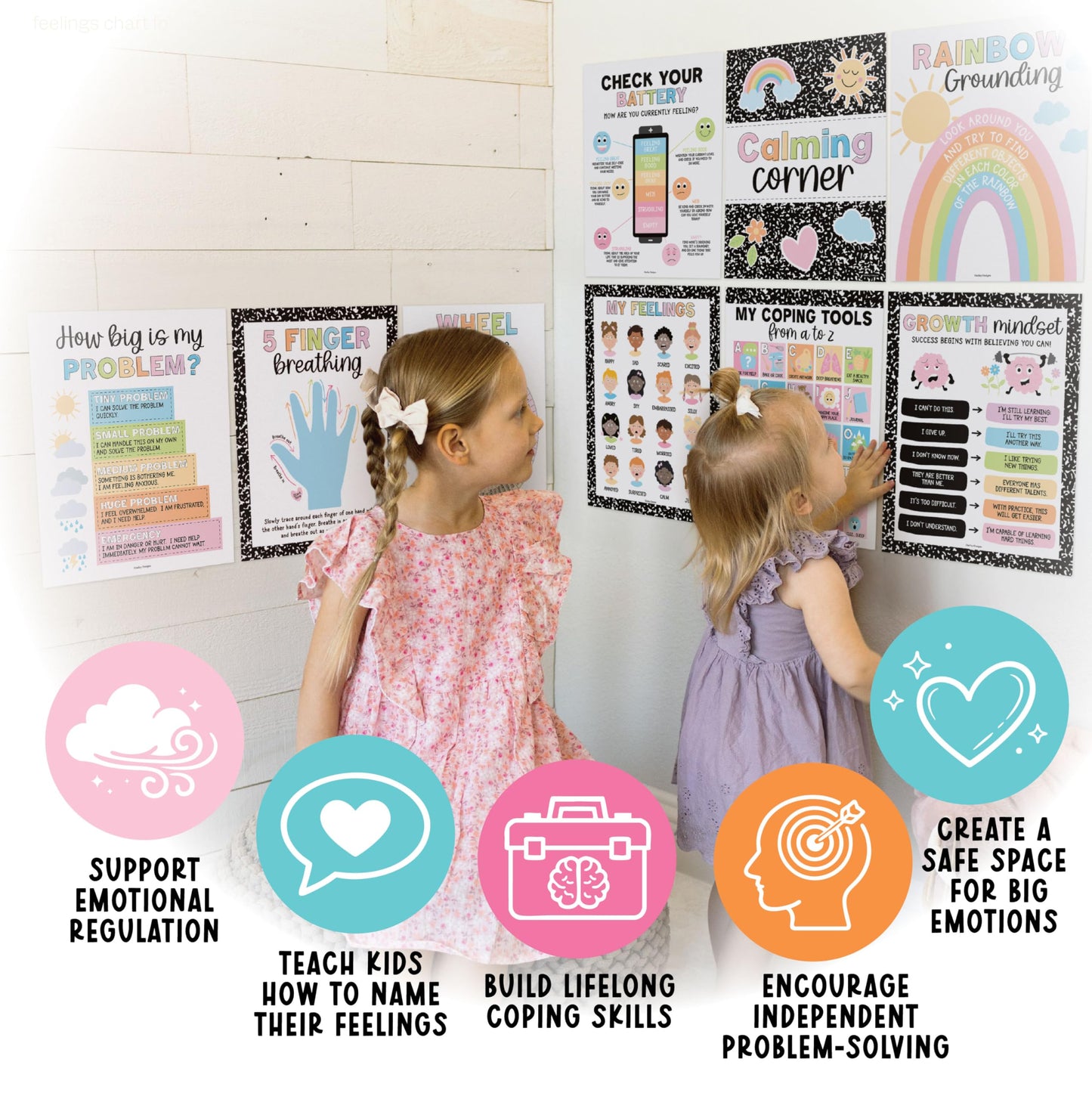 Hadley Designs 9 Calming Corner Posters for Classroom Must Haves - Calm Down Corner Supplies with Emotions Chart, School Counselor Mental Health Poster, Feelings Chart For Kids, Pastel Classroom Decor