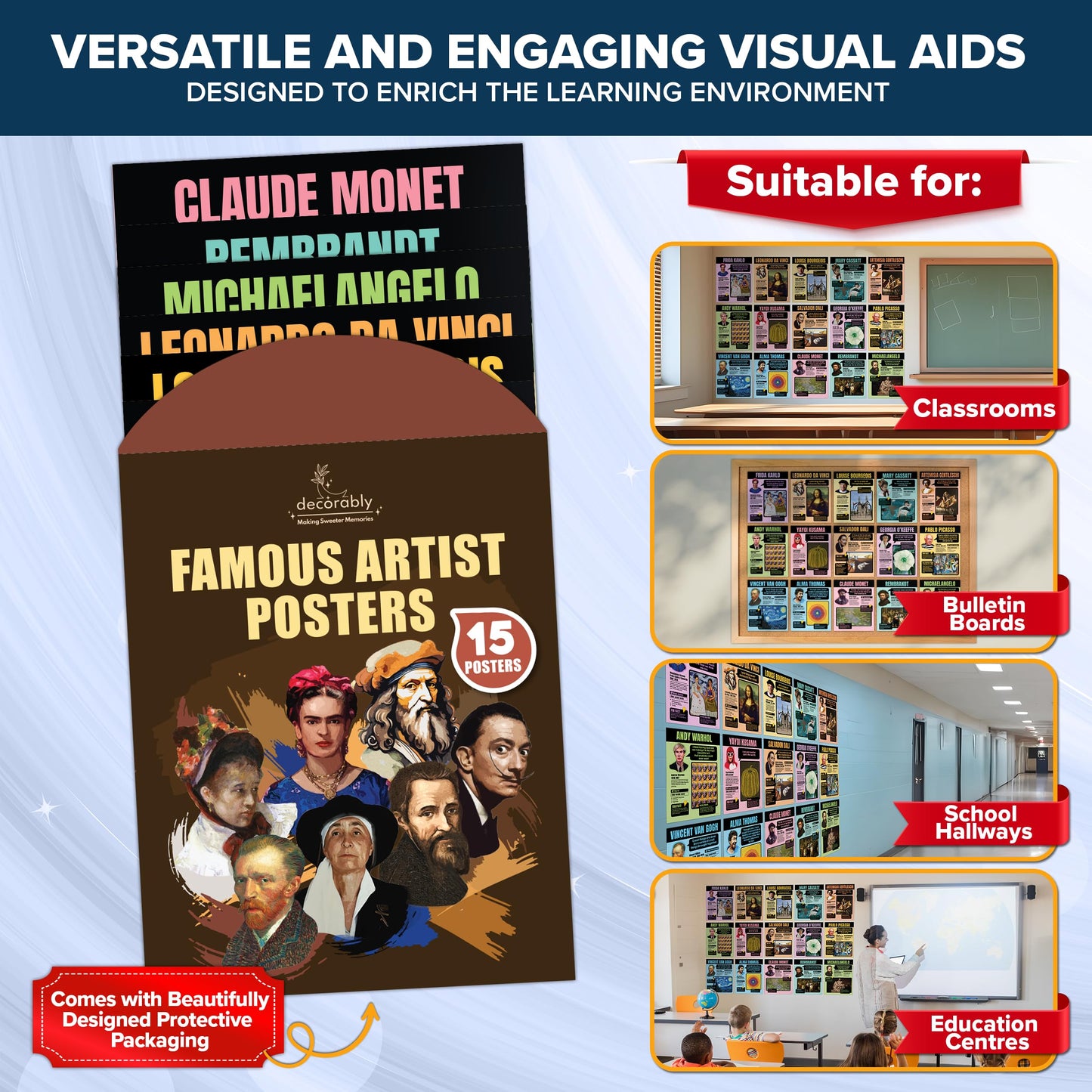 Decorably 15 Famous Art Posters, 11x14in Matte-Laminated Educational Art Posters for Classroom Famous Artists - Classrooms, School Hallways, Bulletin Boards, Education Centers, Home Study Room