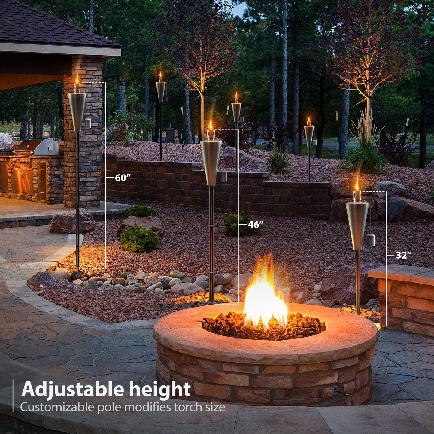 Matney Stainless Steel Outdoor Torches - 5 ft Oil Lamp Set of 4 - Fiberglass Wick & Snuffer Cap