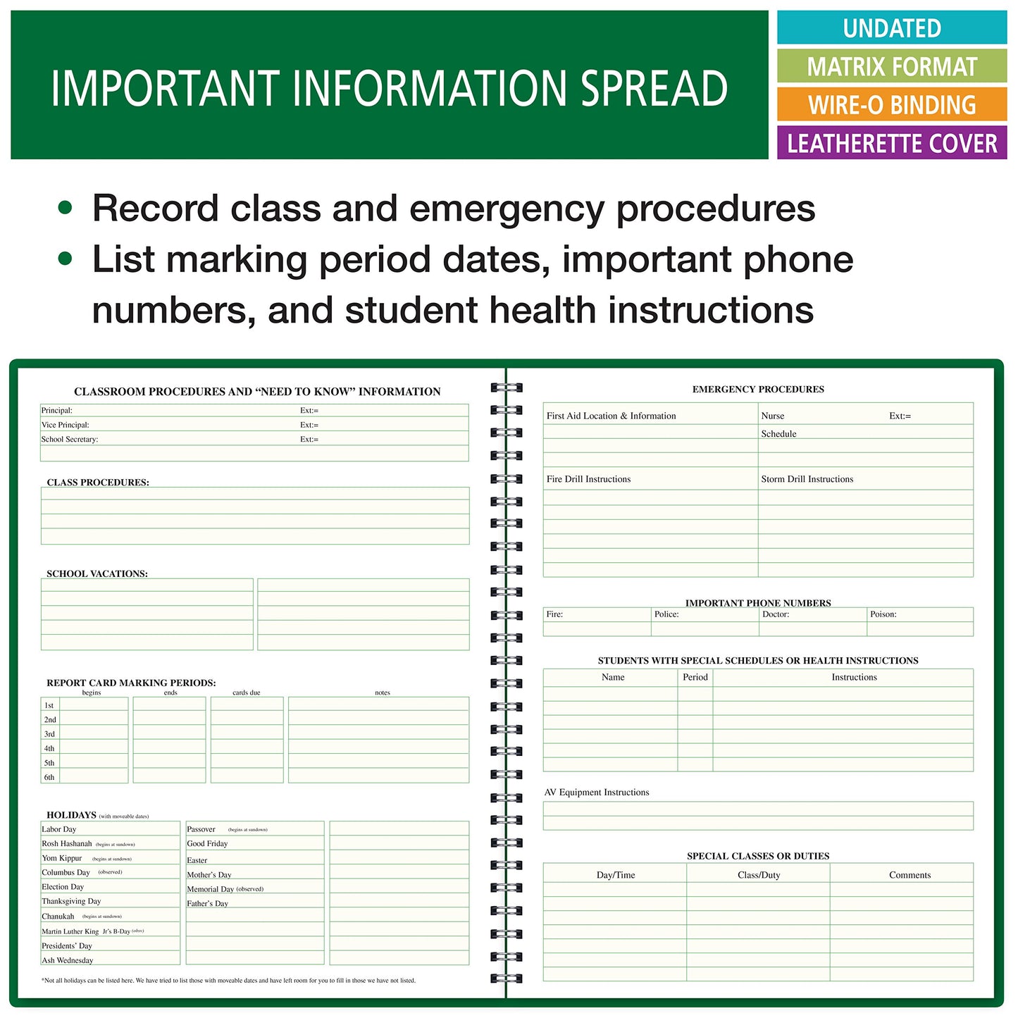 6 Period Wide Teacher Lesson Plan; Days Vertically Down The Side (6WPL)
