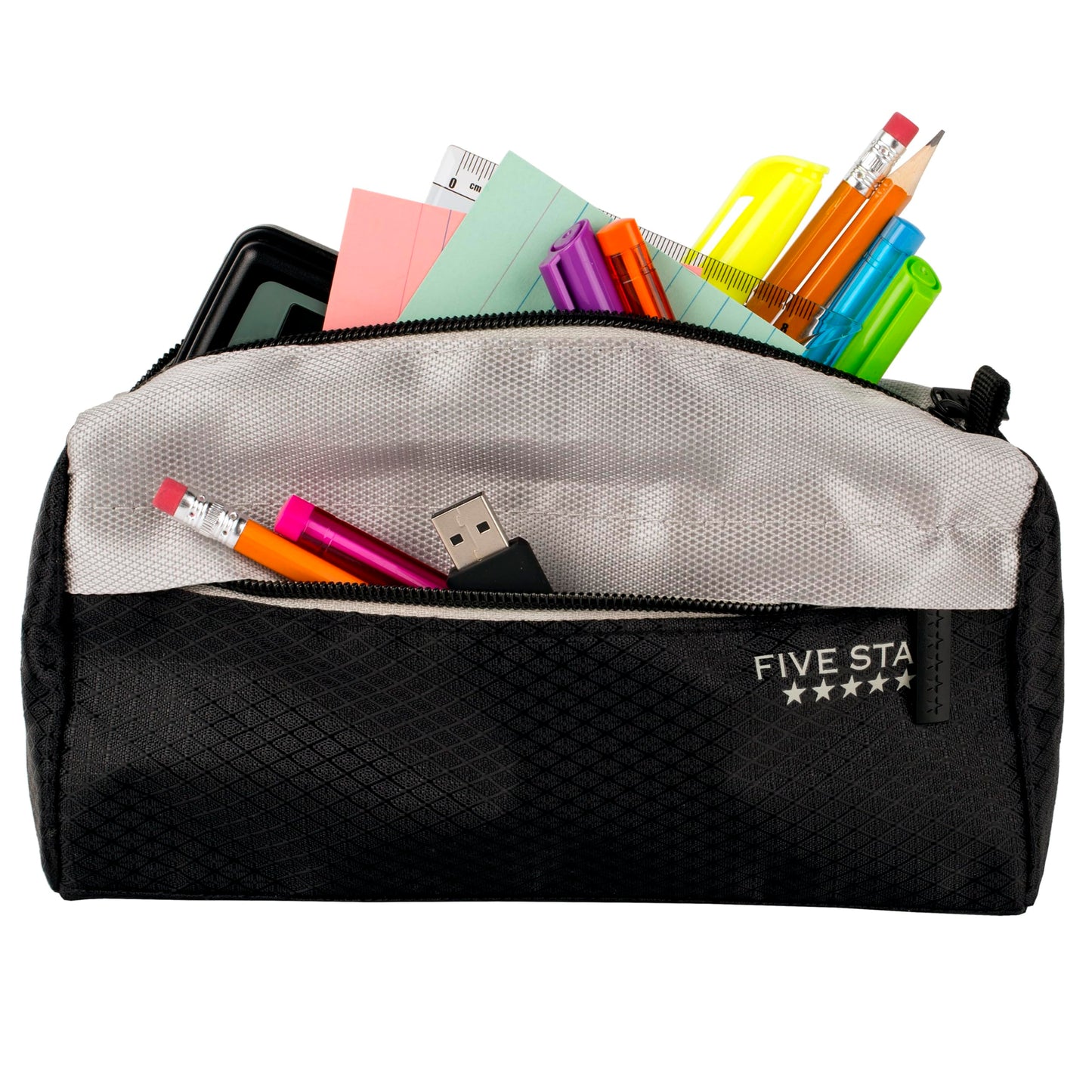 Five Star Pencil Pouch, Pen Case, 9-Pocket Zipper Pouch, Storage Organizer for School Supplies Earbuds Chargers Cables Makeup, Black/Grey (505600A-ECM)