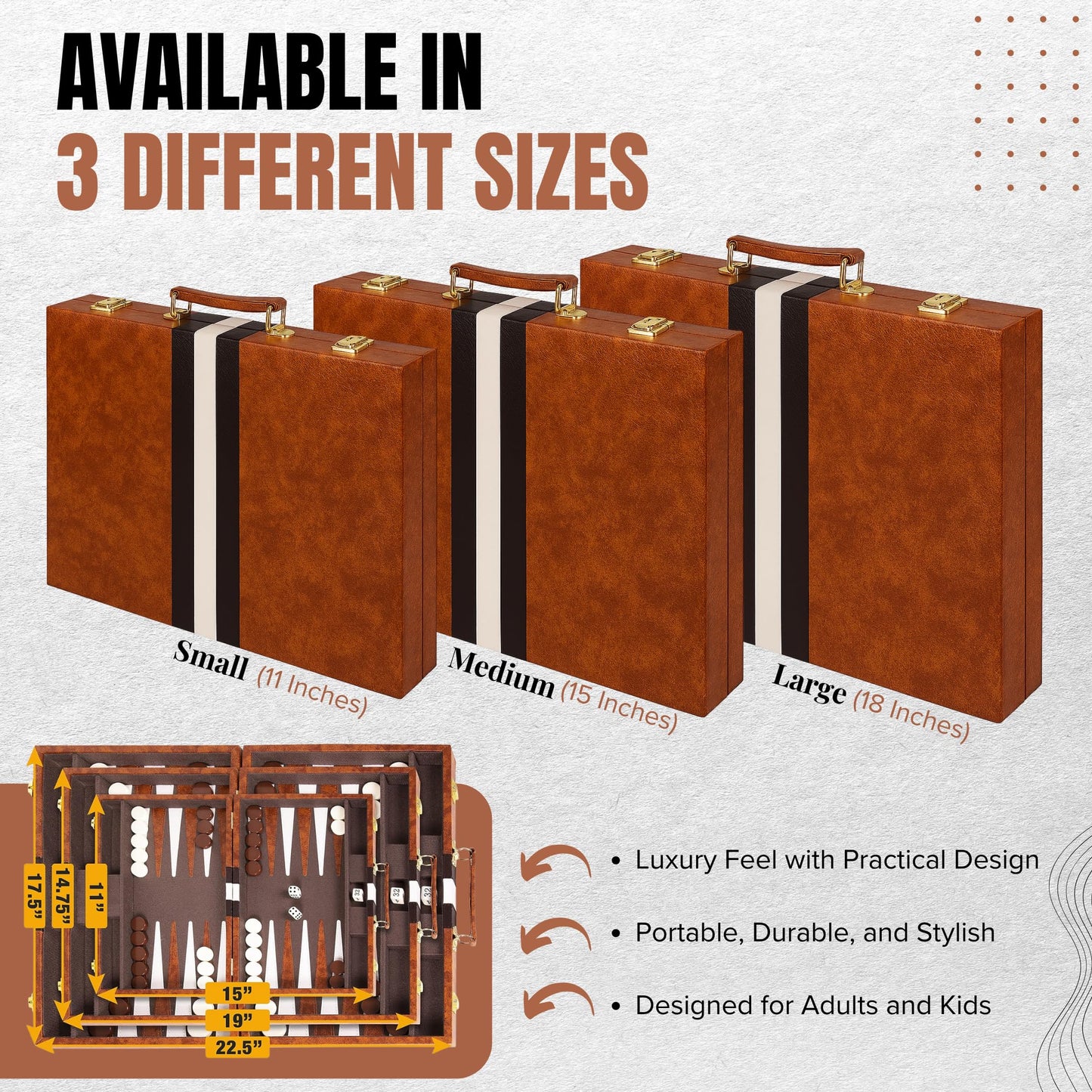 Premium Backgammon 18 Inches Large Brown - Backgammon Sets for Adults and Kids - Leatherette Back Gammon Board Game Set - Travel Backgammon Set Board Encased with Accessories