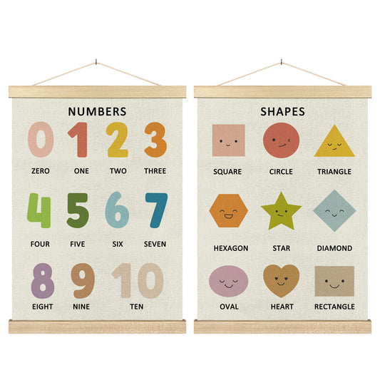 BCUANGD Classroom Wall Decor - Toddlers Kids Numbers Poster Hanger with Wood Frames Set of 2, Neutral Educational Wall Hanging Canvas Decor for Kids Room Nursery Home, 12x16 Inches