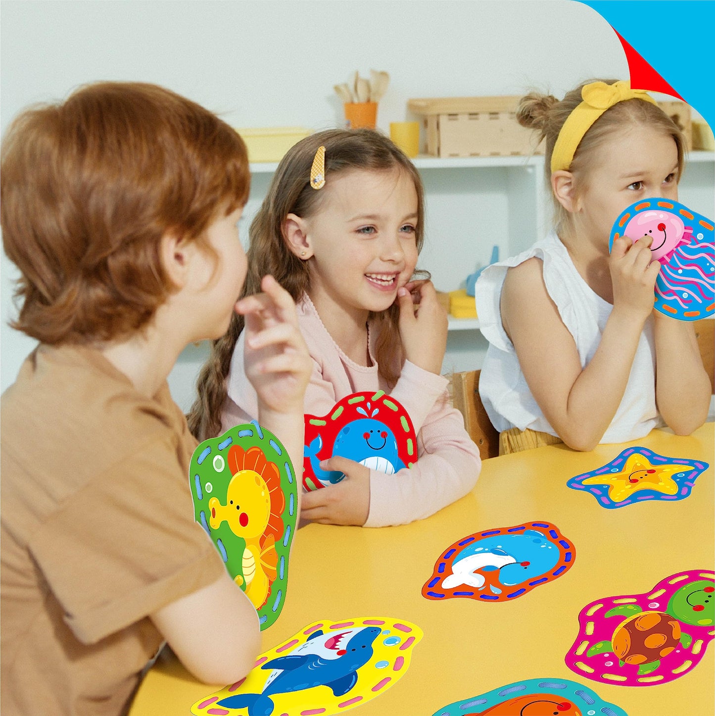9 Pieces Kids Lacing Cards, Double Sided Sewing Cards in 9 Marine Animal Cards with 9 Colorful Laces, Imagination Development Lacing Toys Games for Children Educational and Learning Activity