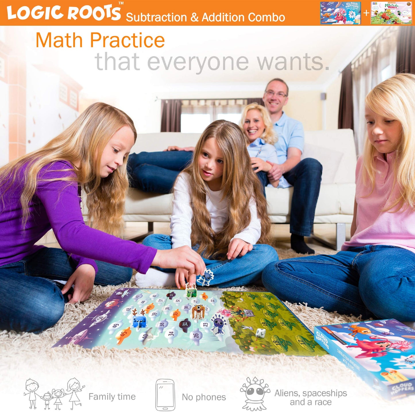 Logic Roots Addition and Subtraction Game - Fun Math Board Game for 6-8 Year Olds, Easy to Play Educational Game for Kids at Home, STEM Toy Gift for Girls & Boys (Cloud Hoppers + Moutain Raiders)