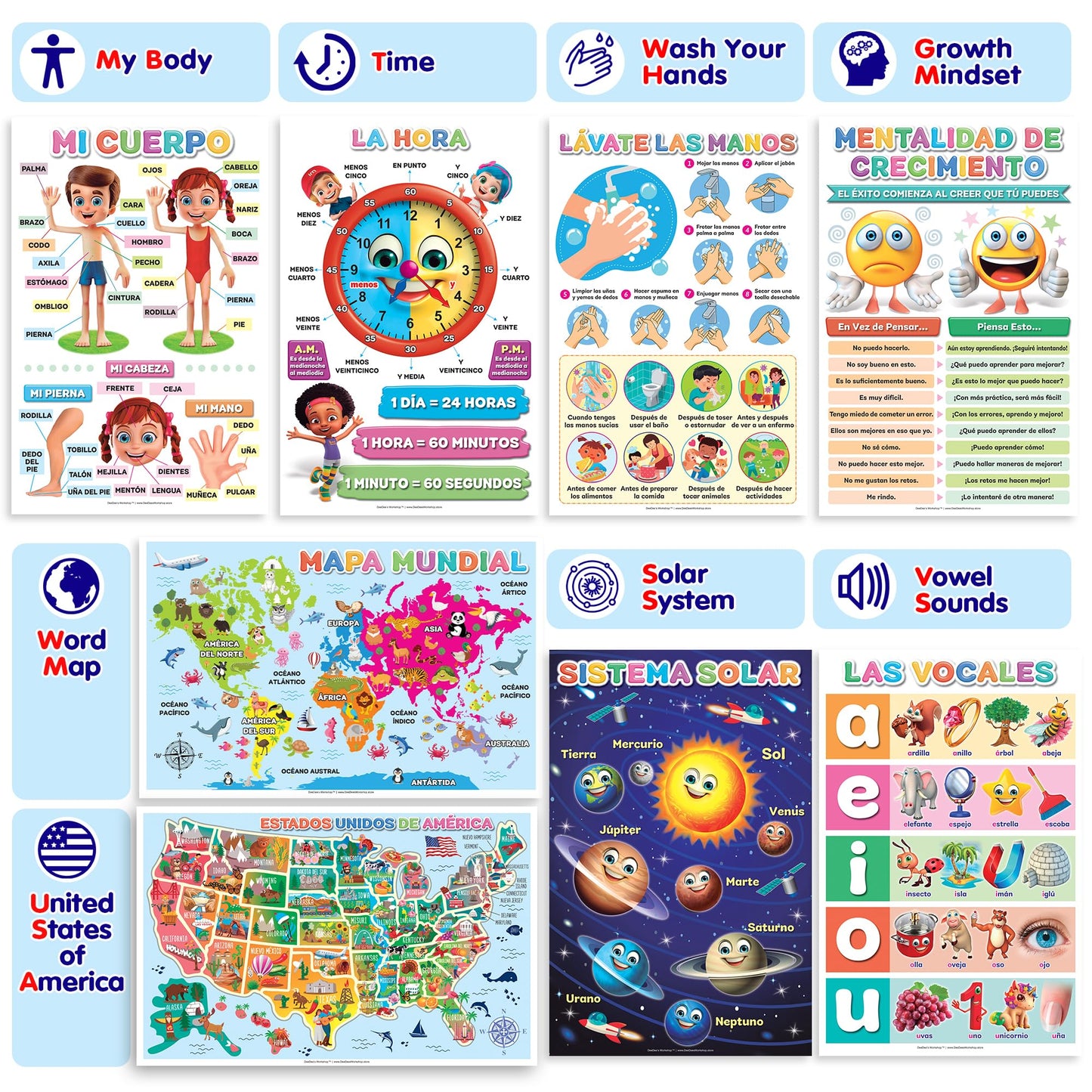 DeeDee's Workshop 16 Spanish Classroom Posters - Spanish Learning for Kids, Abecedario para Niños en Español, Days of the Week & Calendar