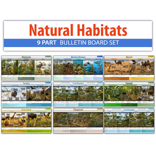 Earths Habitats ecosystem Line bulletin board set, 9 charts pack Glossy Paper (9"x18") Young N Refined