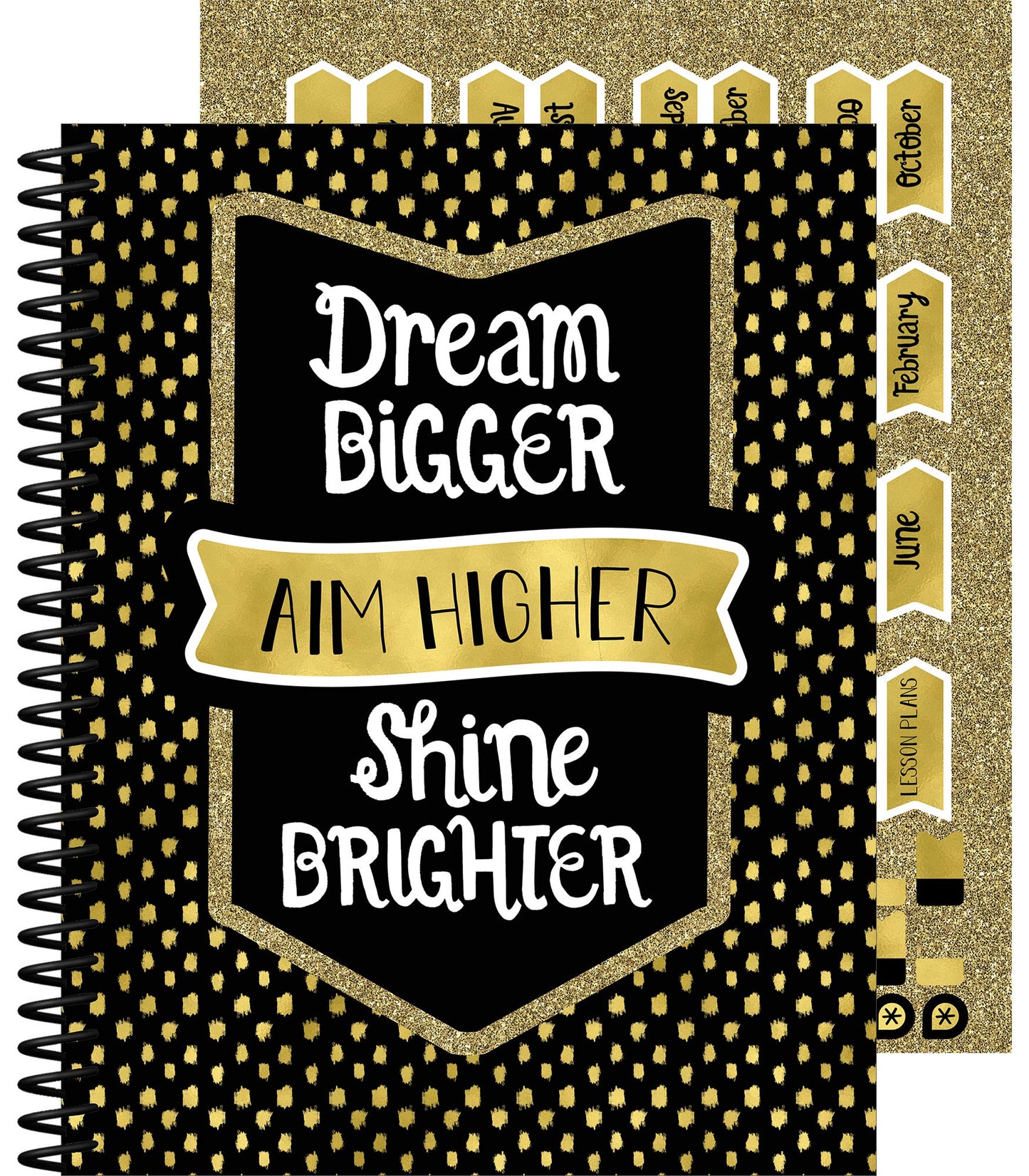 Carson Dellosa Sparkle and Shine Teacher Planner, 8" x 11" Black and Gold Spiral Bound Lesson Plan Book With Stickers, Checklist, Notes, School Supplies for Classroom Organization
