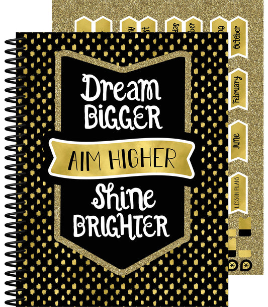 Carson Dellosa Sparkle and Shine Teacher Planner, 8" x 11" Black and Gold Spiral Bound Lesson Plan Book With Stickers, Checklist, Notes, School Supplies for Classroom Organization