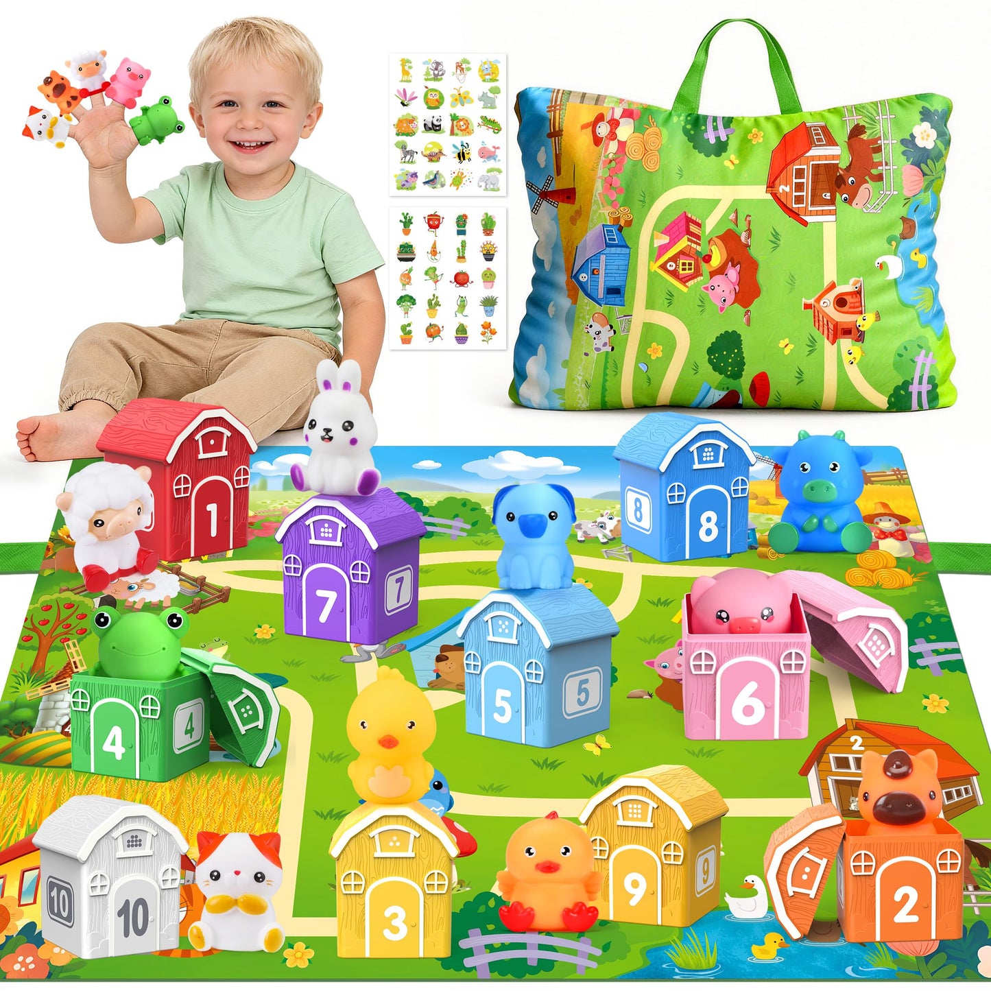 GooMags Montessori Toys for Toddlers, 21Pcs Farm Toys with Storage Bags/Playmat Counting, Matching, Sorting Preschool Learning Toy Including 10 Animal Finger Puppets Birthday Gift