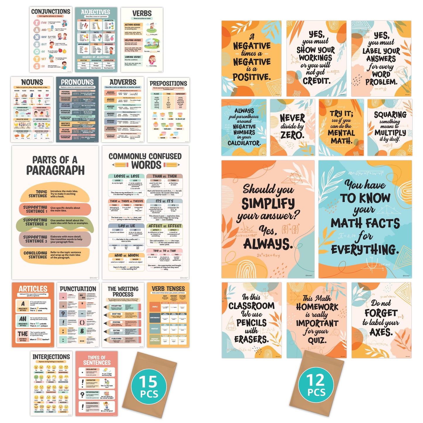 Decorably Parts of Speech Posters and Math Teacher Sayings Posters for Classroom