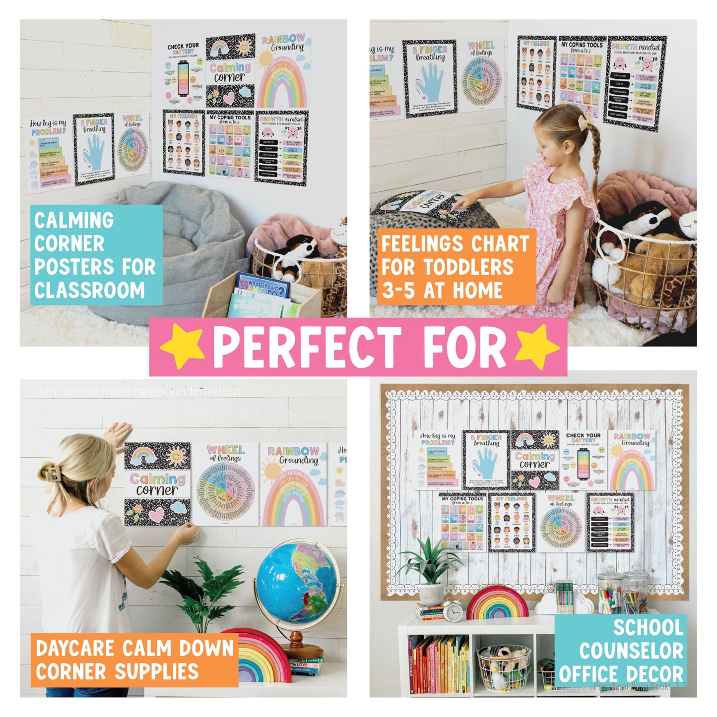 Hadley Designs 9 Calming Corner Posters for Classroom Must Haves - Calm Down Corner Supplies with Emotions Chart, School Counselor Mental Health Poster, Feelings Chart For Kids, Pastel Classroom Decor