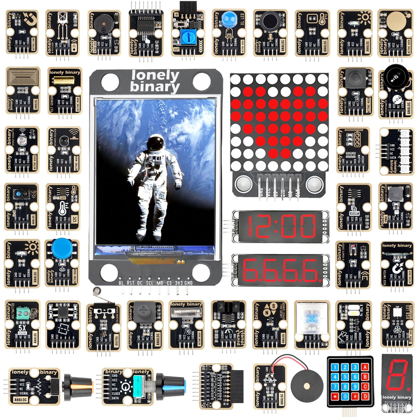 Lonely Binary 46-Piece Sensor Module Kit for Arduino, ESP32, Raspberry Pi Pico - Gold Edition with OLED, LED Matrix, 7-Segment Display, Lead-Free ENIG | STEM Learning DIY Starter Kit with Tutorials