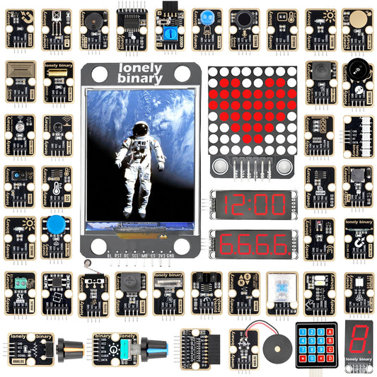 Lonely Binary 46-Piece Sensor Module Kit for Arduino, ESP32, Raspberry Pi Pico - Gold Edition with OLED, LED Matrix, 7-Segment Display, Lead-Free ENIG | STEM Learning DIY Starter Kit with Tutorials
