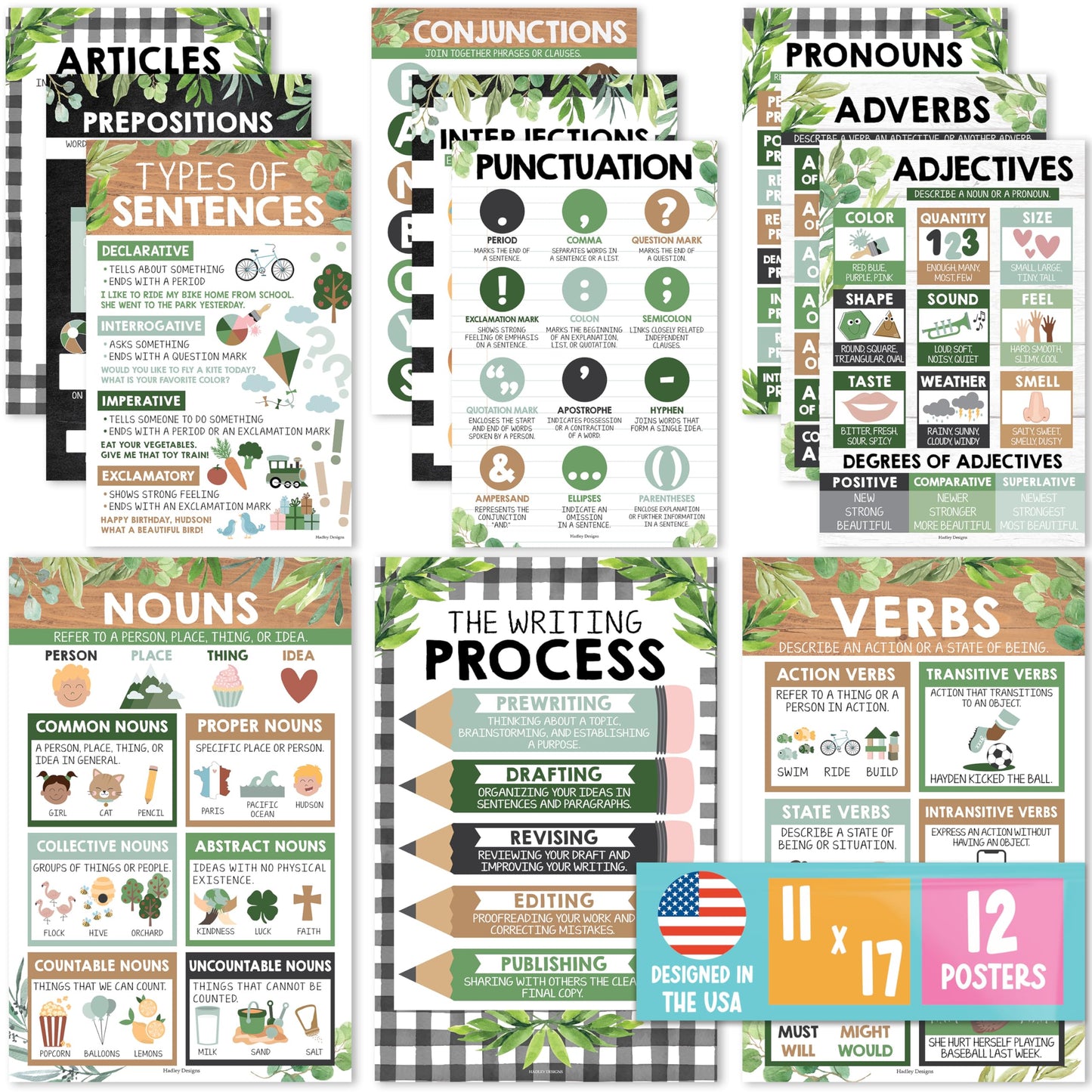 Parts of Speech Posters for Classroom Must Haves - 12 Grammar Posters, Writing Process for Homeschool, Elementary & Middle School, ELA 3rd 4th & 5th Grade Teacher Must Haves, Farmhouse Classroom Decor