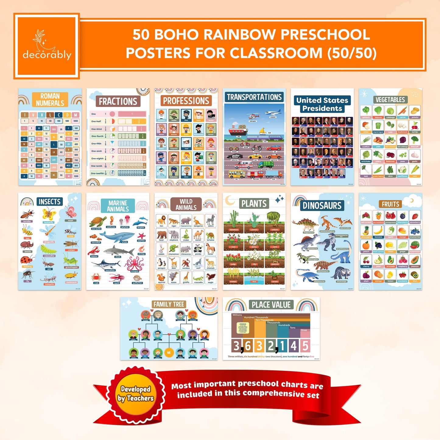 Decorably 50 Boho Rainbow Preschool Posters for Toddlers, Kindergarten, 11x17in Educational, Matte-Laminated Classroom Decor for School Hallways, Bulletin Boards, Home Study Room