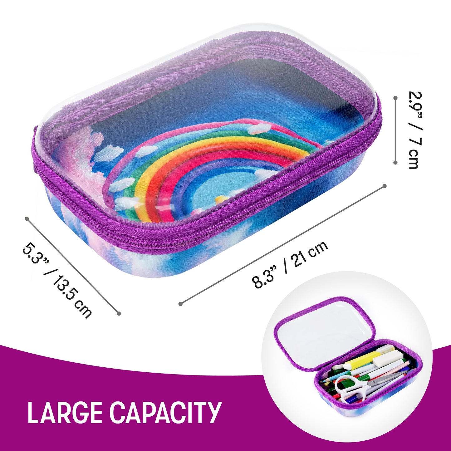 ZIPIT Clear Top Pencil Case for Kids, Durable Pencil Box for School, Large Capacity Stationery Organizer Box, Rainbow