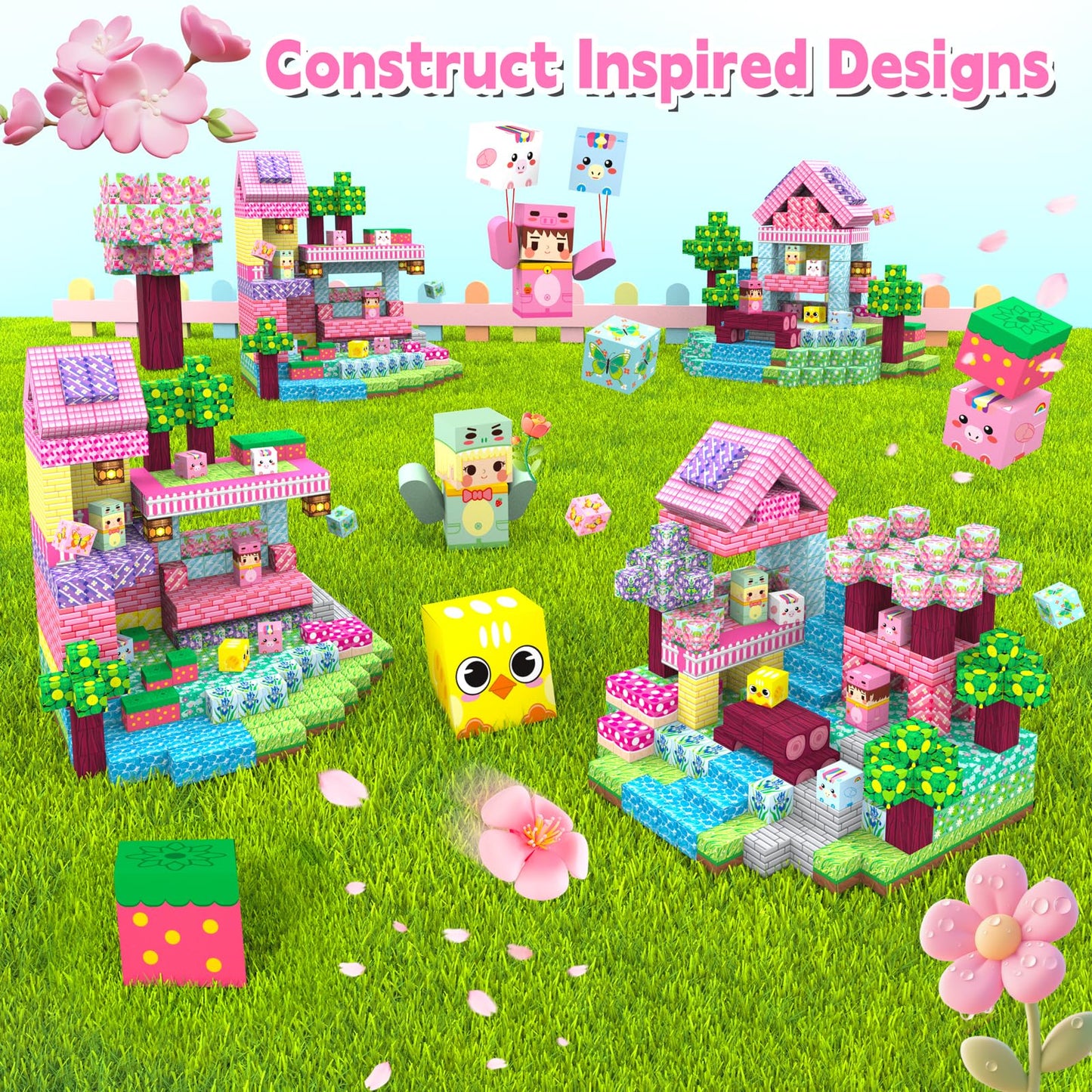 Gryxpox 200 PCS 0.8in Magnetic Blocks,Magnetic Building Cubes, Build Flower World Set,Stacking Magnets, STEM Sensory Toys for Ages 3+ Toddlers Kids Girl Boys Easter Birthday Gifts