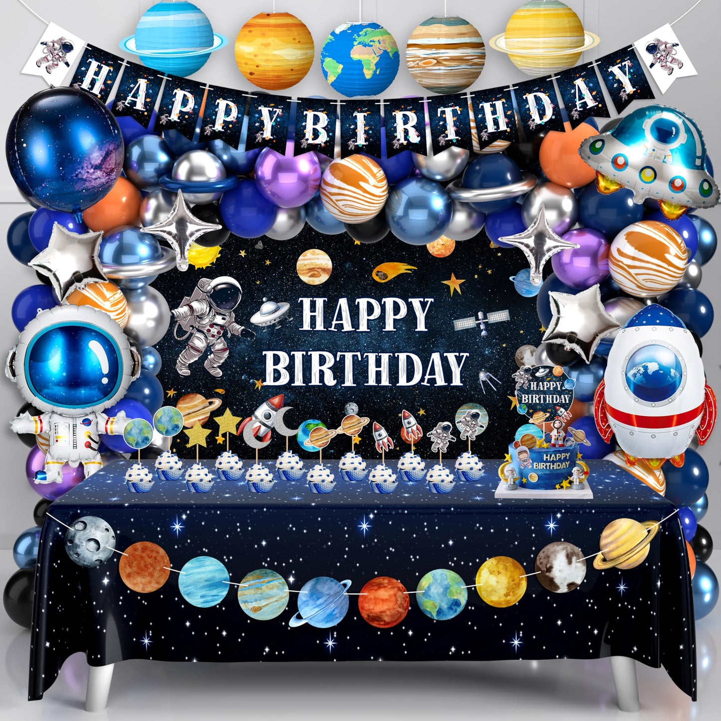 Outer Space Birthday Party Decorations Space Themed Party Supplies Planet Banner Backdrop Cake Topper Solar System Paper Lantern Galaxy Tablecloth Balloon Garland Kit for Space Astronaut Party Decor