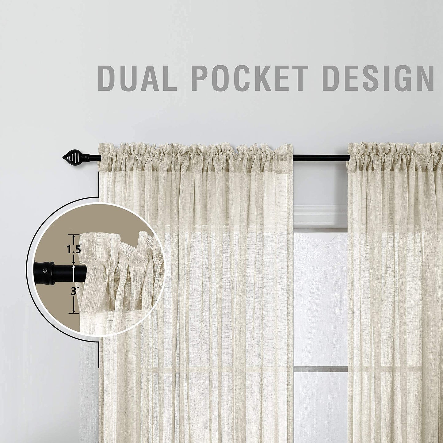 KOUFALL Beige Sheer Curtains 96 Inches Long 2 Panel Set,Cream Tan Rod Pocket Linen Look Neutral Curtains for Living Room Bedroom