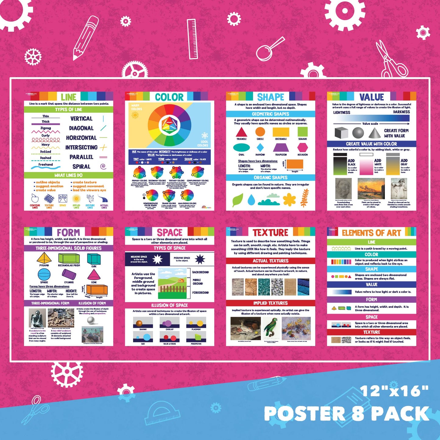 Sproutbrite 8 Pack 16" L x 12" W Art Posters Elements and Principles of Art Posters - Art Classroom Decor - Builds Strong Understanding of Art Fundamentals