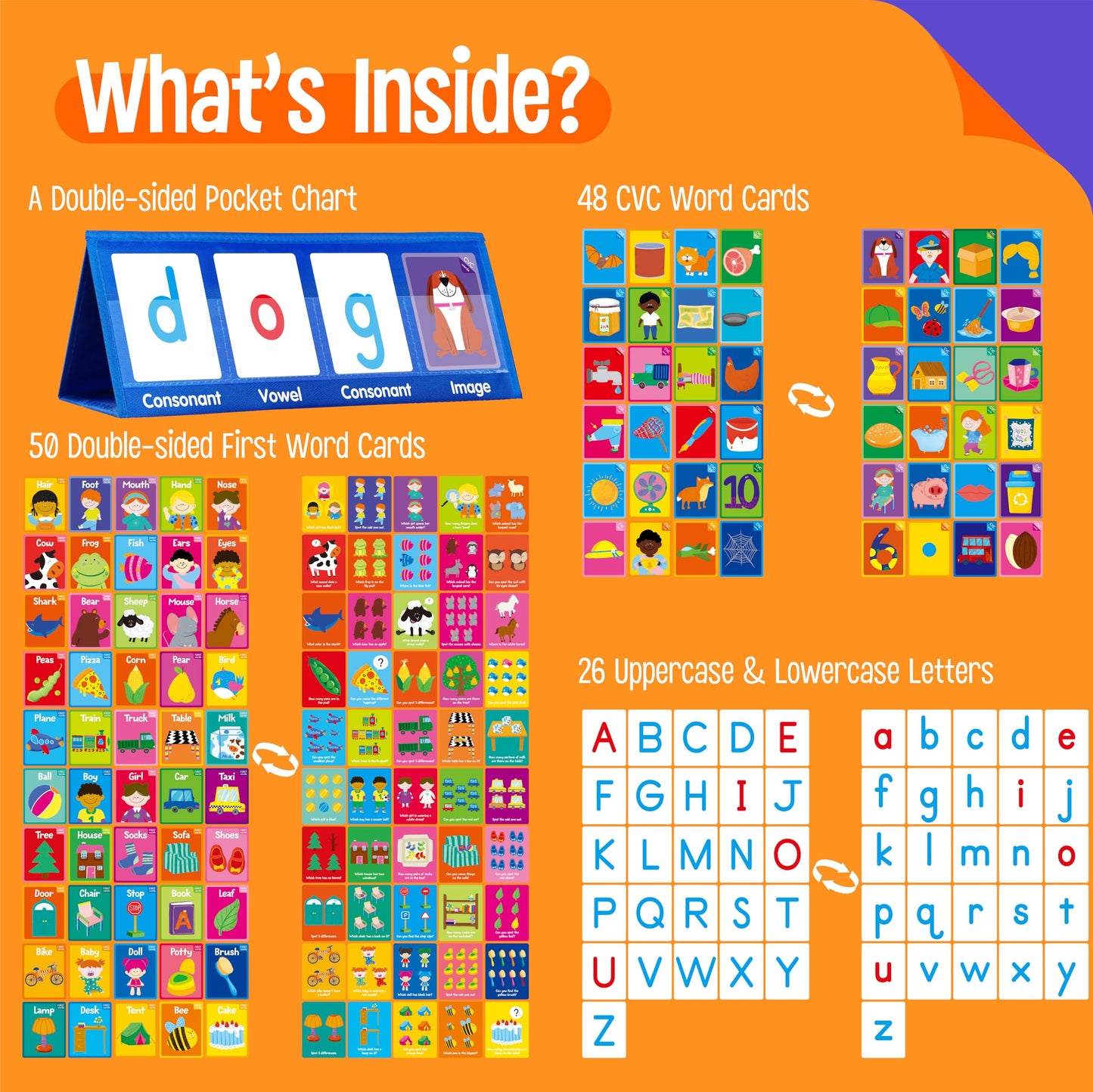 Word Building Desktop Pocket Chart, 48 CVC Words & 50 First Words, Double-Sided Tent Word Builder, Vocabulary Learning Flashcards Set for Kindergarten Reading and Spelling