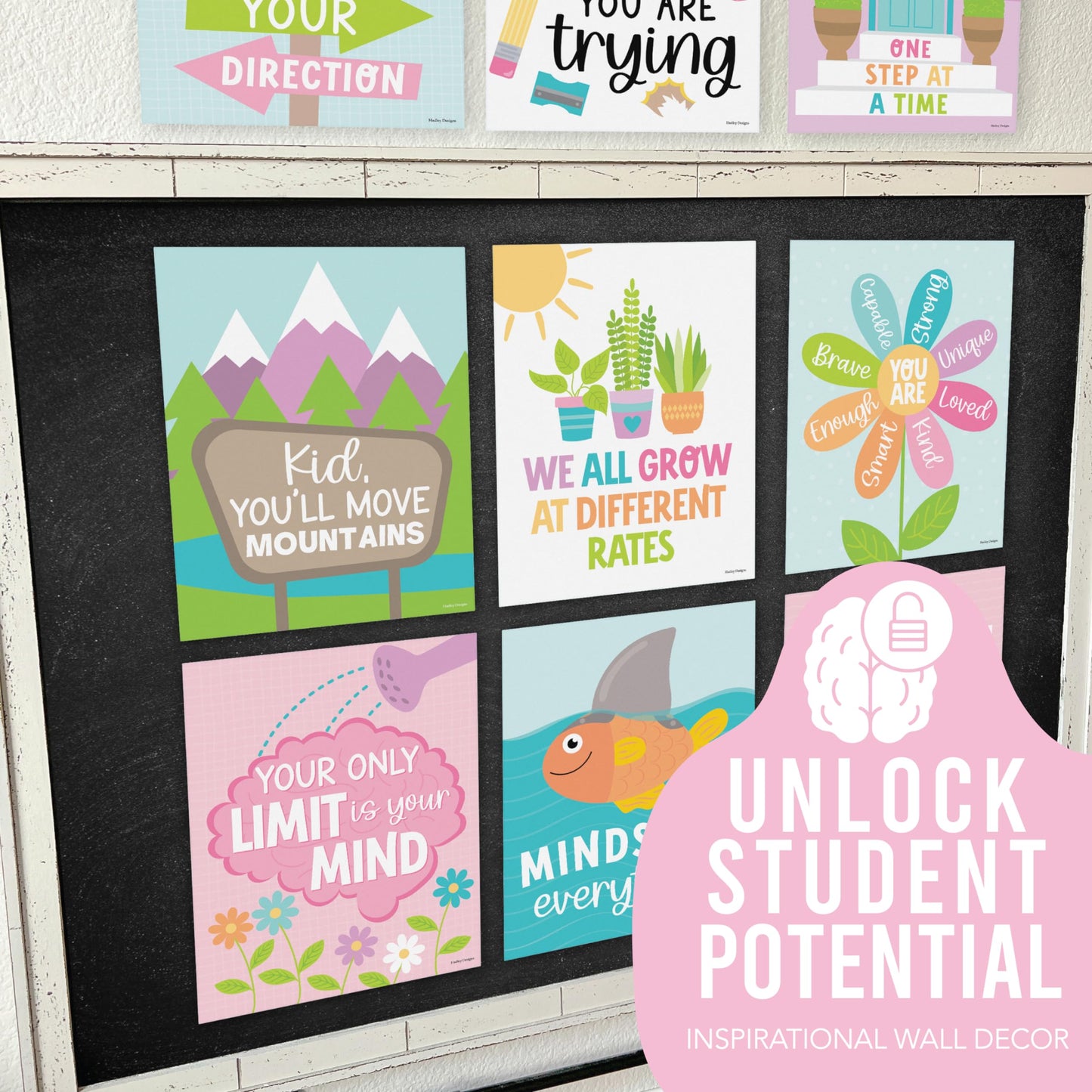 Hadley Designs Motivational Poster for Classroom Decor - 9 Growth Mindset Classroom Posters Elementary, Inspirational Wall Decor Middle School, Teacher Must Haves, Pastel Bulletin Board Decorations