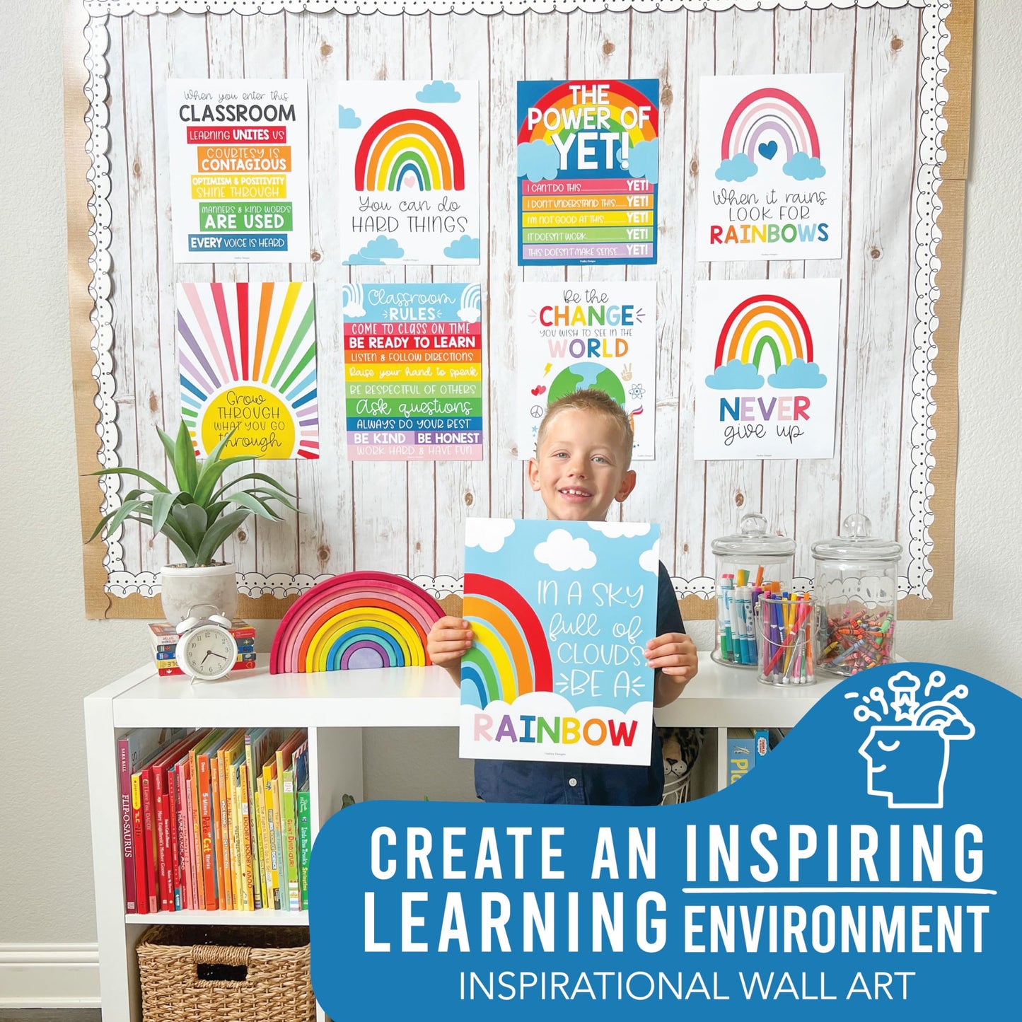 Hadley Designs Motivational Poster for Classroom Decor - 9 Growth Mindset Classroom Posters Elementary, Inspirational Wall Decor Middle School, Teacher Must Haves, Rainbow Bulletin Board Decorations