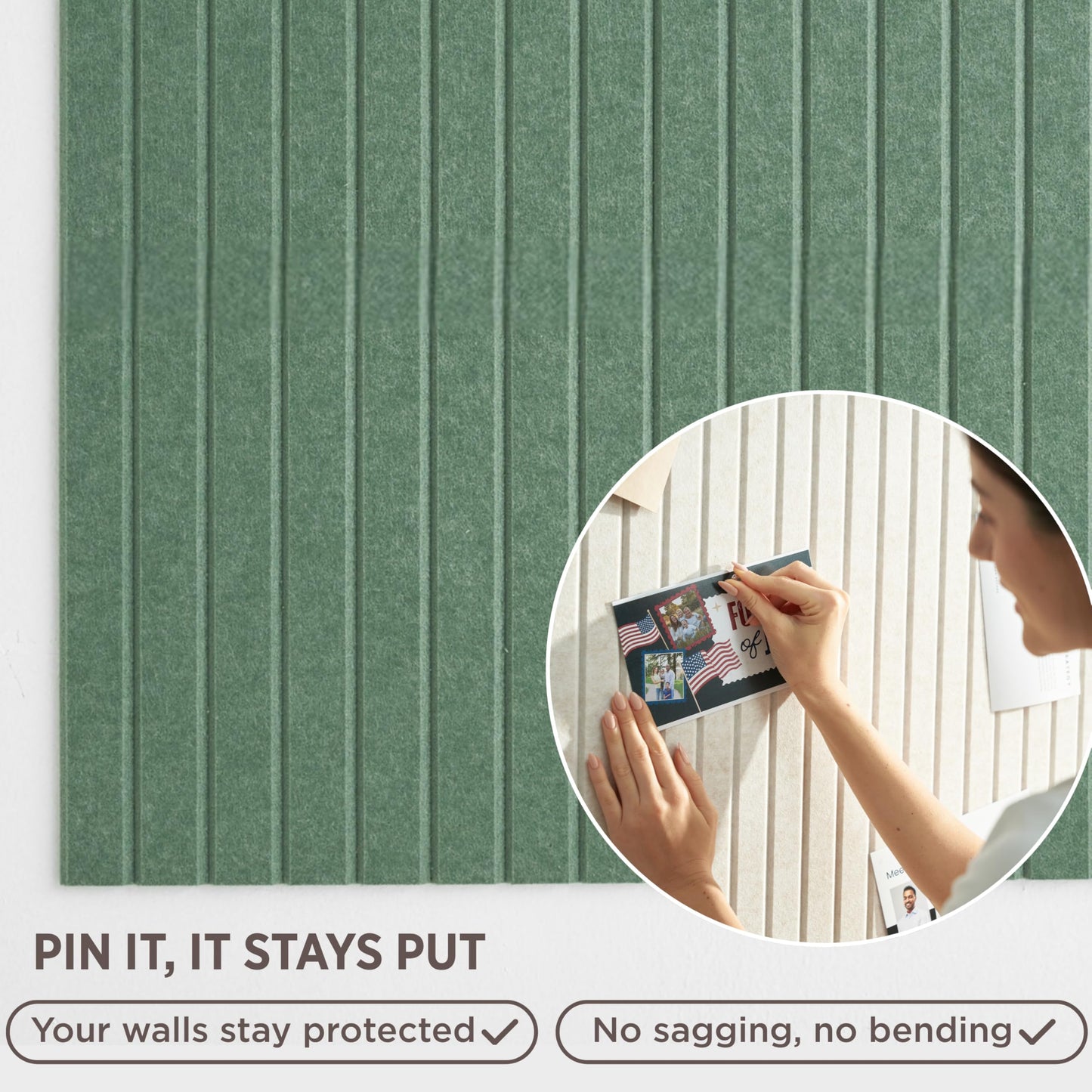 VIVELDA Felt Bulletin Board Tiles 48"x36" - 12-Pack Cork Board Alternative, OEKO-TEX Certified, NRC 0.95 Acoustic Felt Wall Panels, Damage-Free Adhesive, Slatted Design, Home Office & Classroom (Palm)