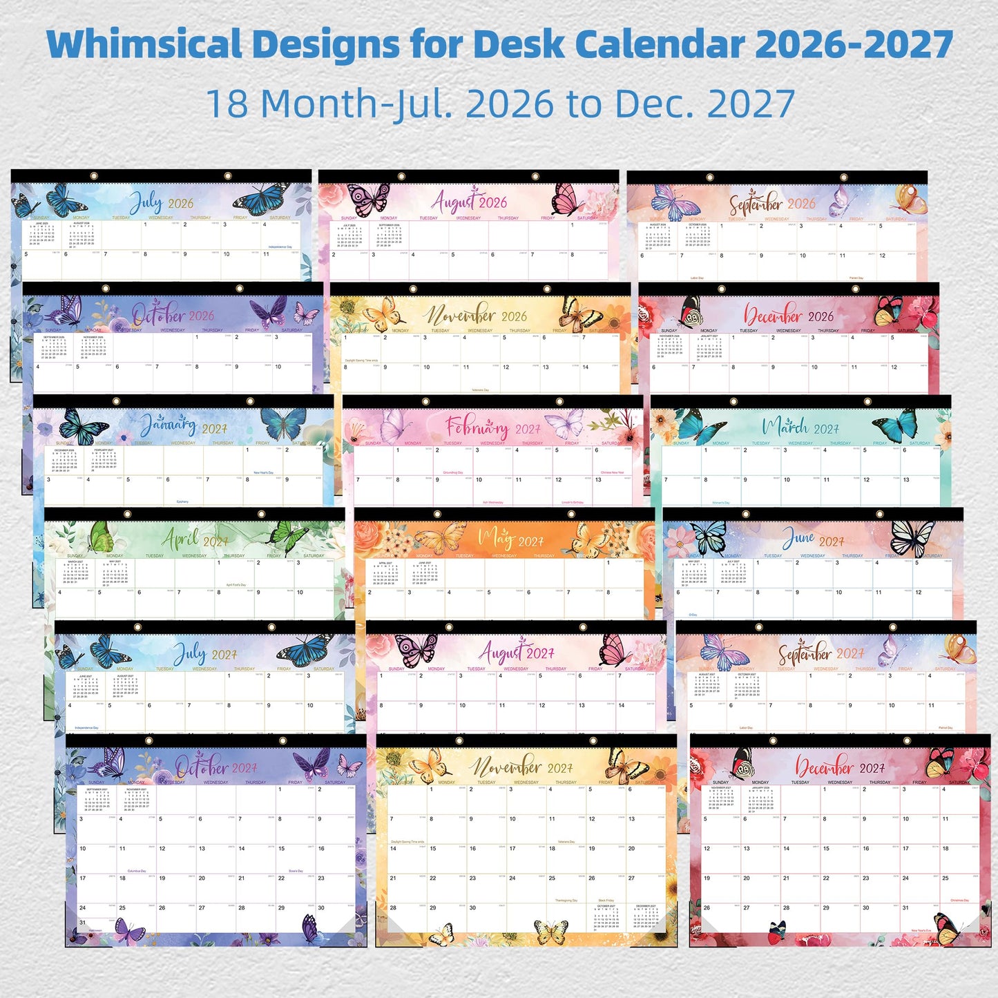 ZTX Desk Calendar 2026-2027,18 Month Academic Desk Calendars,17"x12" Jul.2026-Dec.2027 Calendar with Clear Plastic Cover for Teacher School Year Home Butterfly
