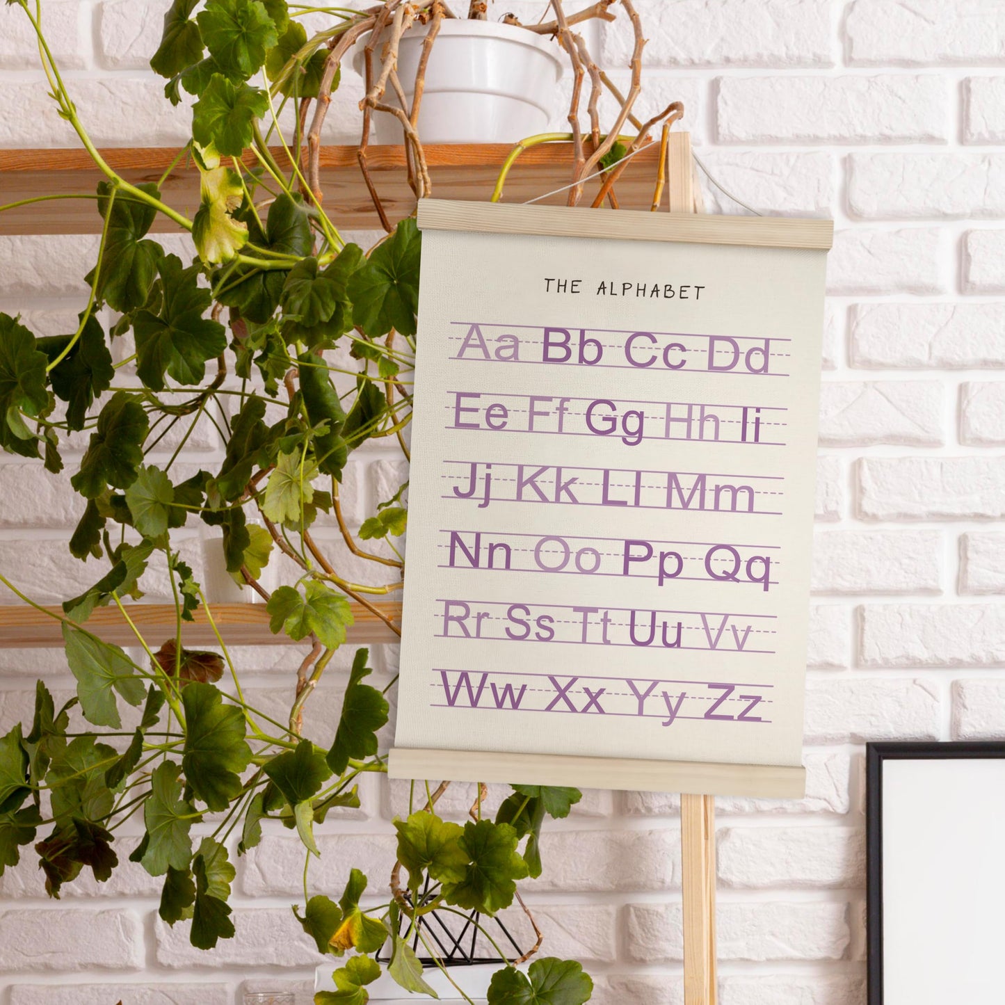 HRQKO Alphabet Numbers Poster Hanger Frame Set of 2, Girls Nursery Wall Decor, Boho ABC Poster Wall Art with Wooden Frames, Purple Alphabet Banner Wall Hanging Decor for Toddler Playroom, 12x16 Inch