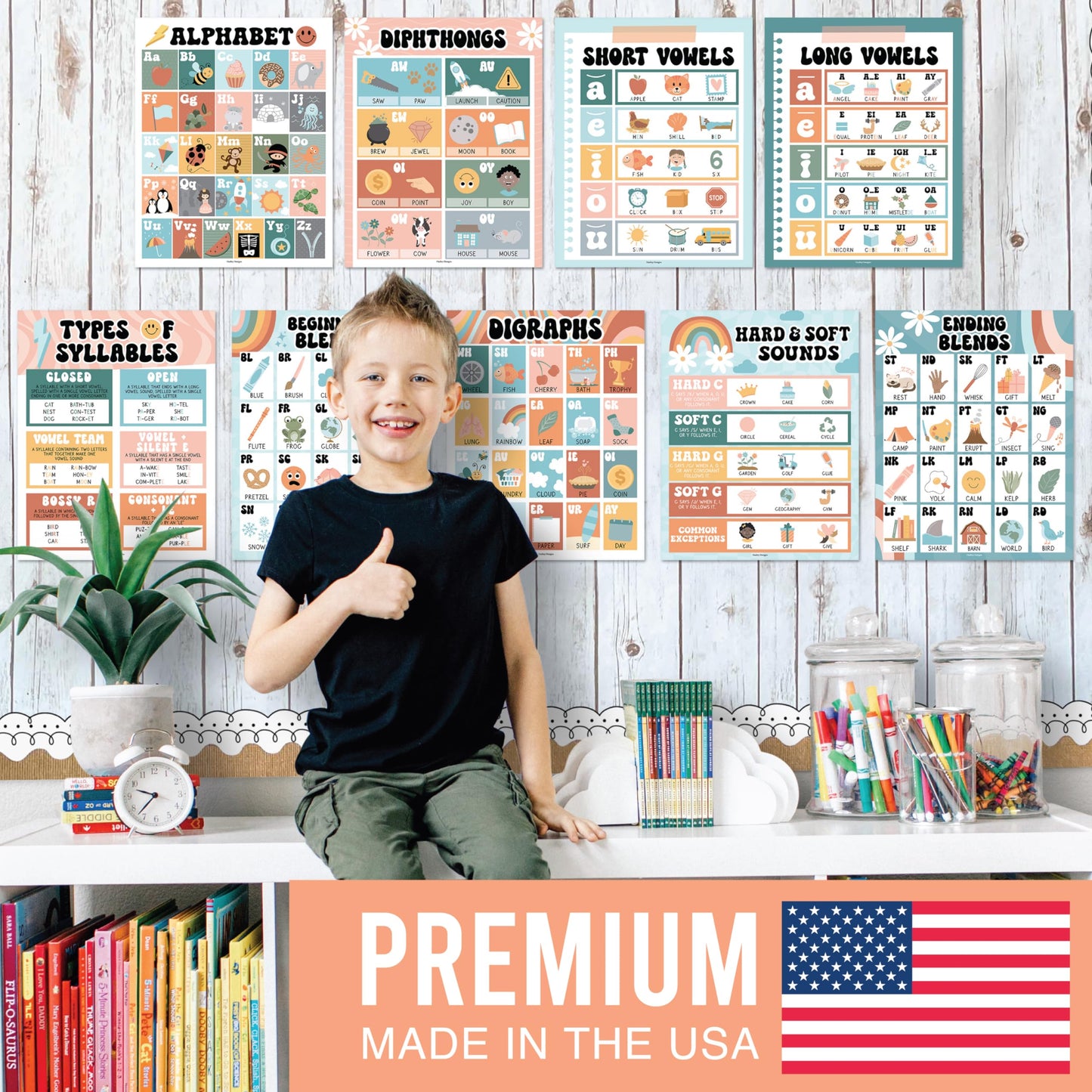 Hadley Designs Phonics Posters for Classroom Must Haves - 9 Sound Wall for Kindergarten & Elementary Teacher Supplies, Syllable, Vowels, Digraphs & Blends Bulletin Board Set, Retro Classrom Decor