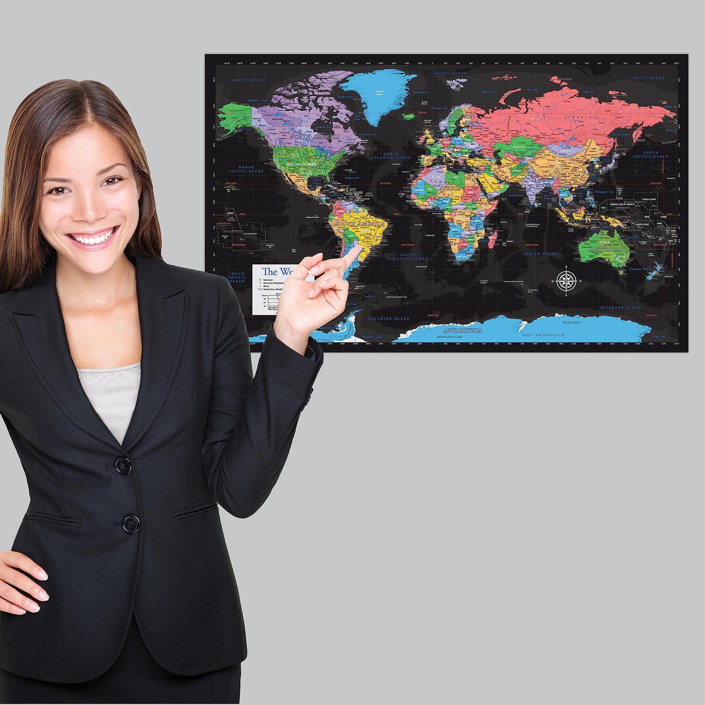 Palace Learning Laminated World Map & US Map Poster Set - 18" x 29" - Wall Chart Maps of the World & United States - Made in the USA (LAMINATED) (Black)