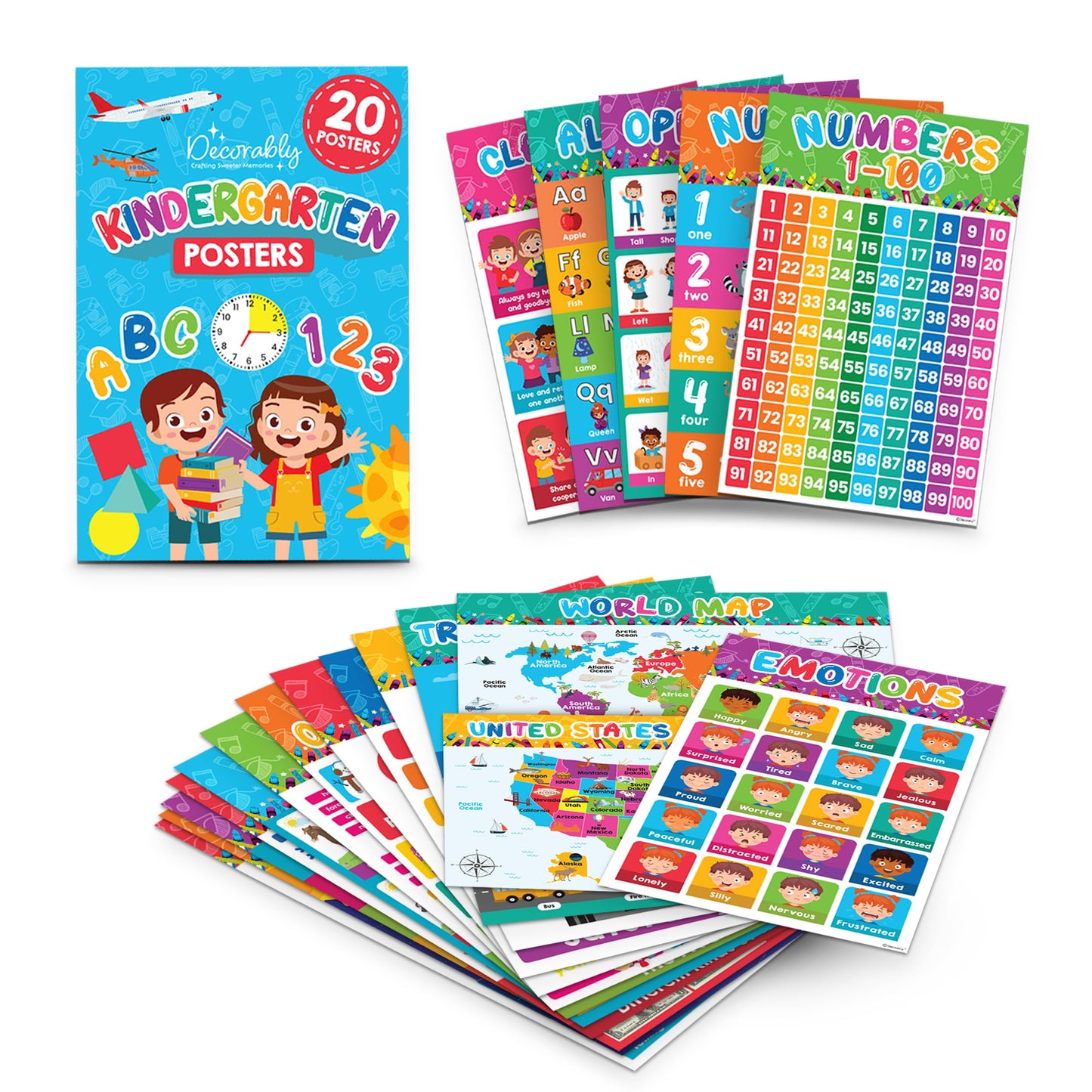 Decorably 20 Vibrant Learning Posters for Toddlers 1-3, 11x17in Educational, Matte-Laminated Classroom Decor - for School Hallways, Bulletin Boards, Home Study Room