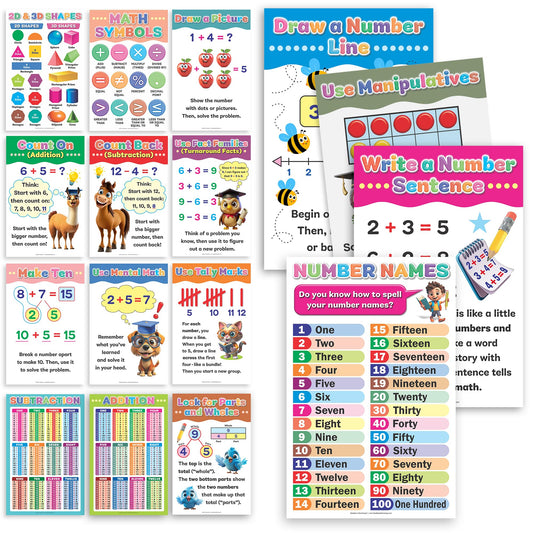 DeeDee's Workshop Math Educational Posters for Classroom, 16 Pack, 11 x 17 Inches, Multicolor Paper, Wall Mount, Portrait Orientation, School Age (English)