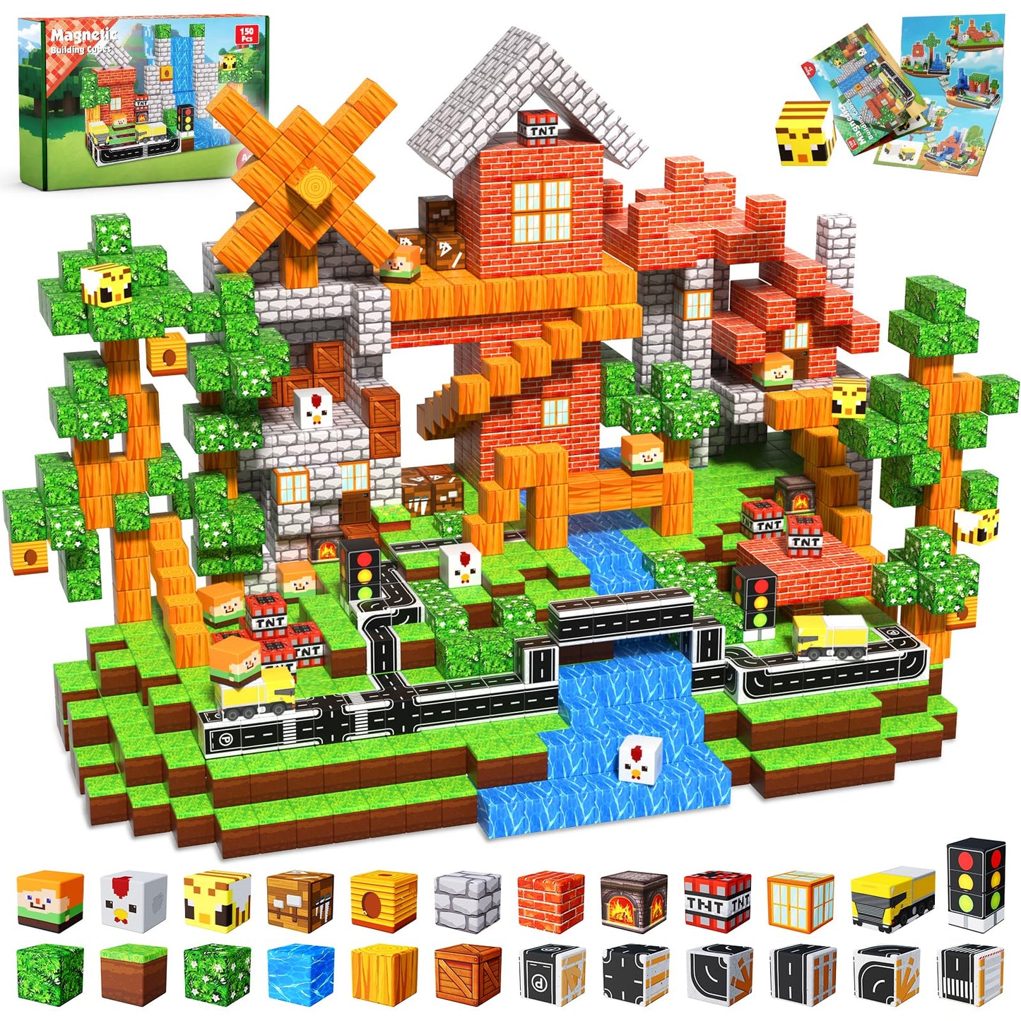 Magneverse 150 PCS Magnetic Blocks - Forest Village Building Block for Kids Ages 4-8, Magnetic Cubes for Boys Girls, STEM Educational Stacking Magnet Toy for 3 4 5 6 7 8 9 10 11 12 Birthday Gifts