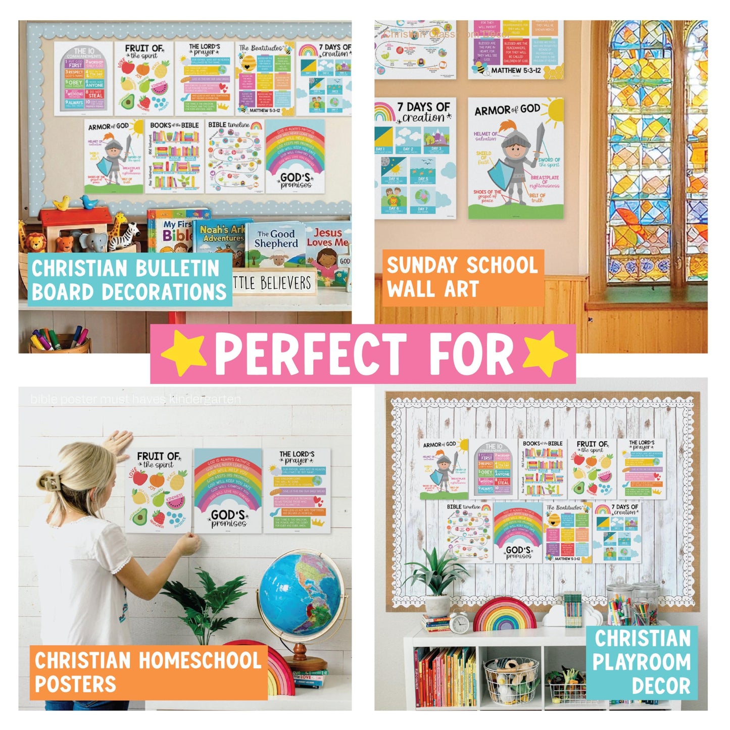Hadley Designs Sunday School Decorations for Classroom –9 Bible Posters for Kids, Books of the Bible, 10 Commandments, Bible Timeline Chart, Fruits of the Spirit, Rainbow Christian Classroom Decor