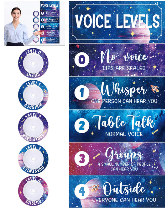 5 Pcs School Push Light and Voice Level Poster Voice Level Chart Monitor Rules Sign Galaxy LED Tap Light Classroom Rules Poster Solar System Classroom Management Tools for Teachers（Space Style）