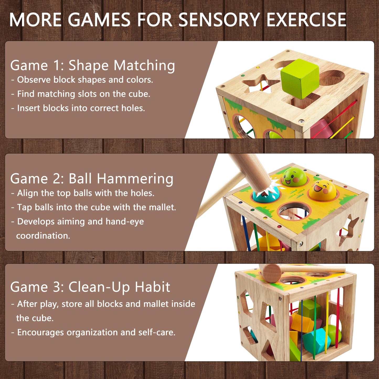 GalaJoyWud Wooden Activity Cube for Baby,Shape Sorters for Toddlers 1-3, Developmental Toy with Bead Maze, Hammer Pounding & Sensory Blocks, Gift for Boys and Girls