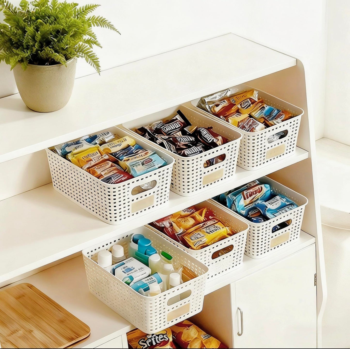 6Pcs Storage Bins with Lids, Stackable Plastic Storage Basket with Bamboo Lid, Pantry Organizer Box Small Containers for Organizing Shelves Drawer Desktop Closet Cabinet Office Classroom 10x7.1x4.1in