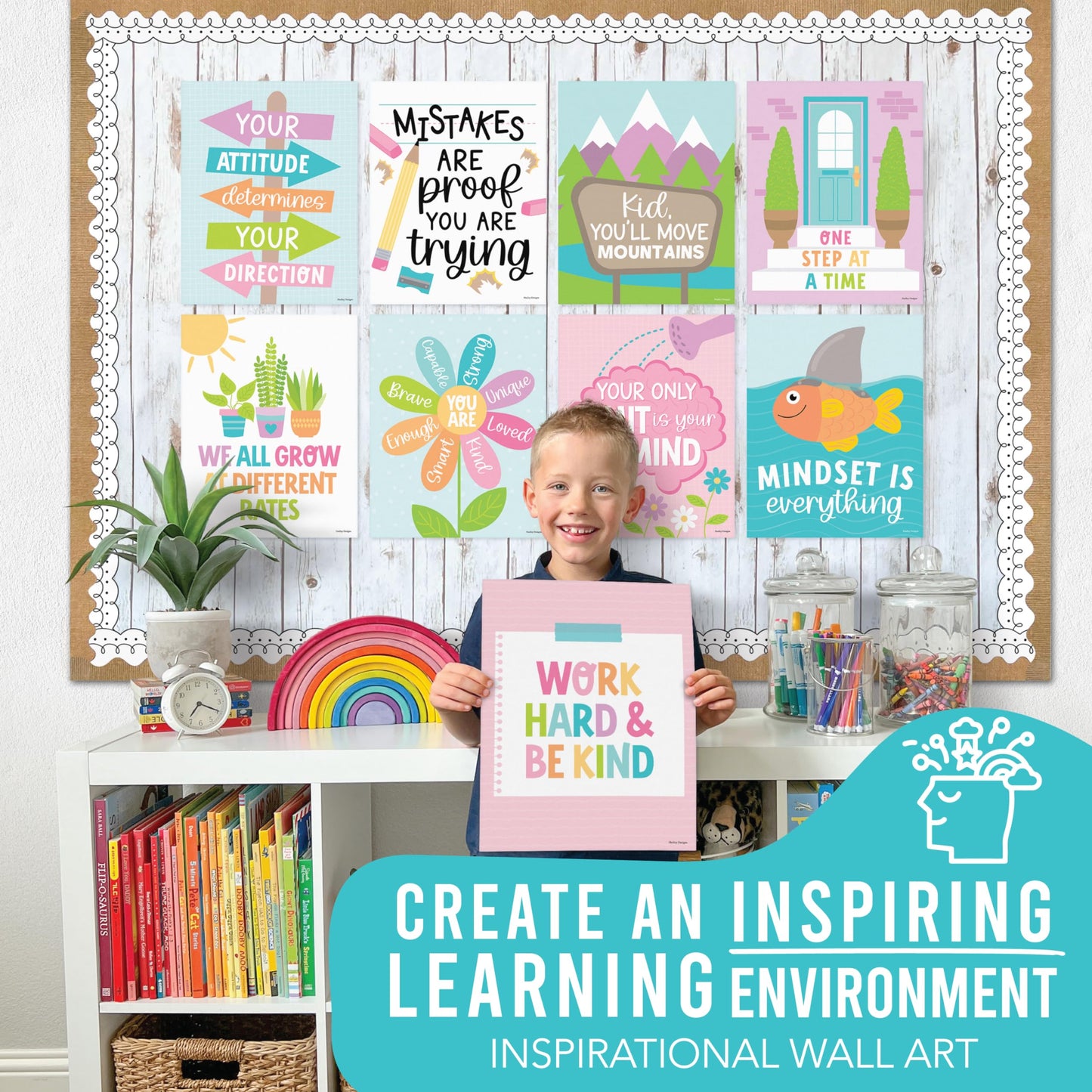 Hadley Designs Motivational Poster for Classroom Decor - 9 Growth Mindset Classroom Posters Elementary, Inspirational Wall Decor Middle School, Teacher Must Haves, Pastel Bulletin Board Decorations
